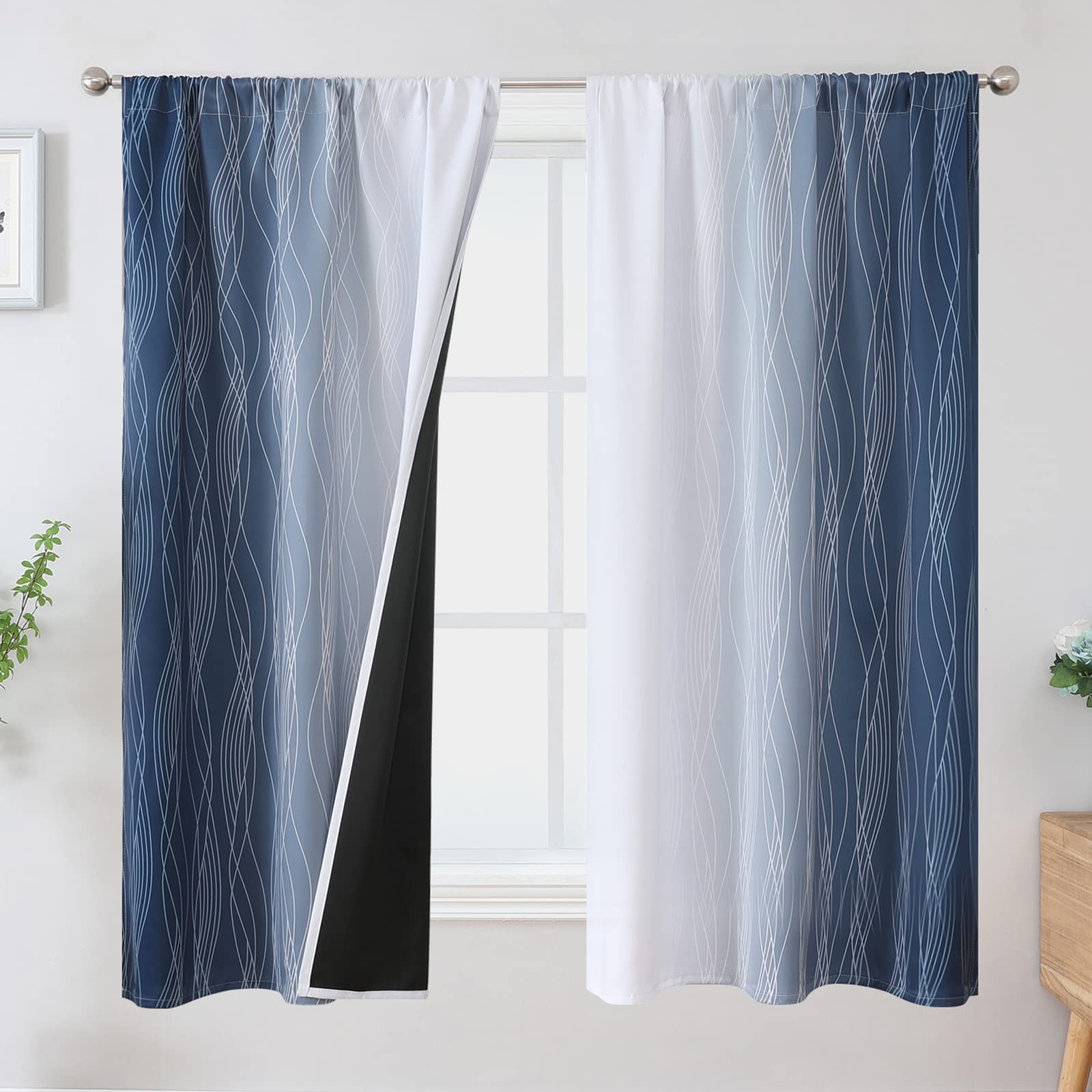 Rod Pocket Navy Blue and Greyish White Blackout Curtains for Living Room, Lig…