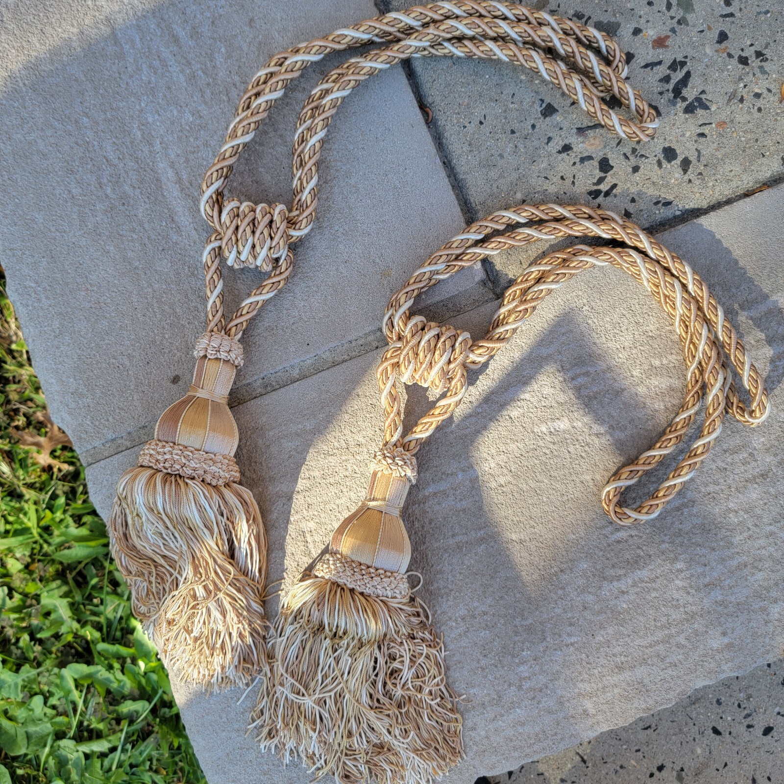 Curtain Window Treatment Tie Back SET Silky Colors Beige Taupe Cream Rope
