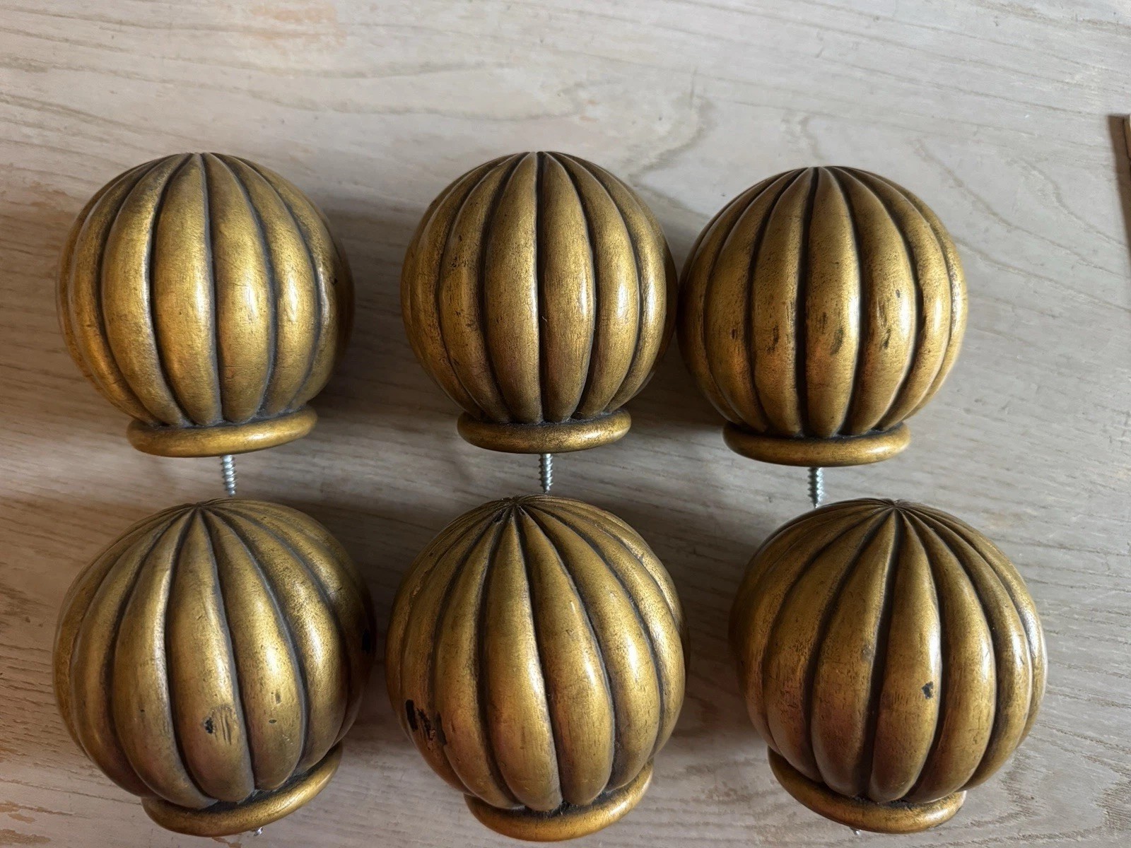 6 Solid Wood Antique Gold Curtain Rod Finials 3 1/2” Long With 2 1/8”Diameter.