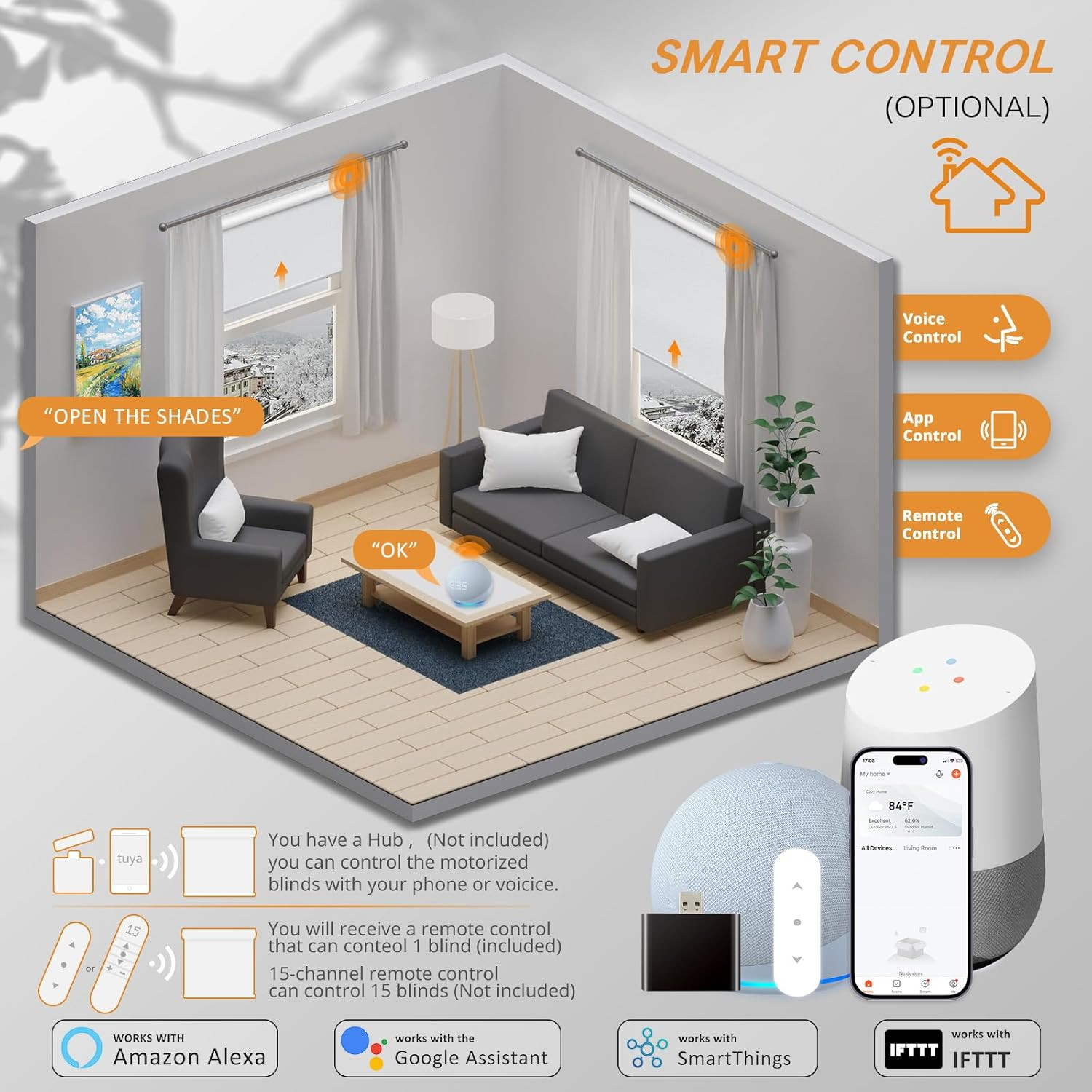 Remote-Controlled Cordless Blackout Smart Blinds, 46″ W x 72″ H, White