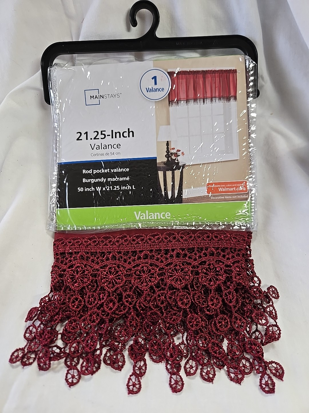 Mainstays 50″× 21.25″ Valance Burgandy Sheer With Lace Macrame Rod Pocket Window