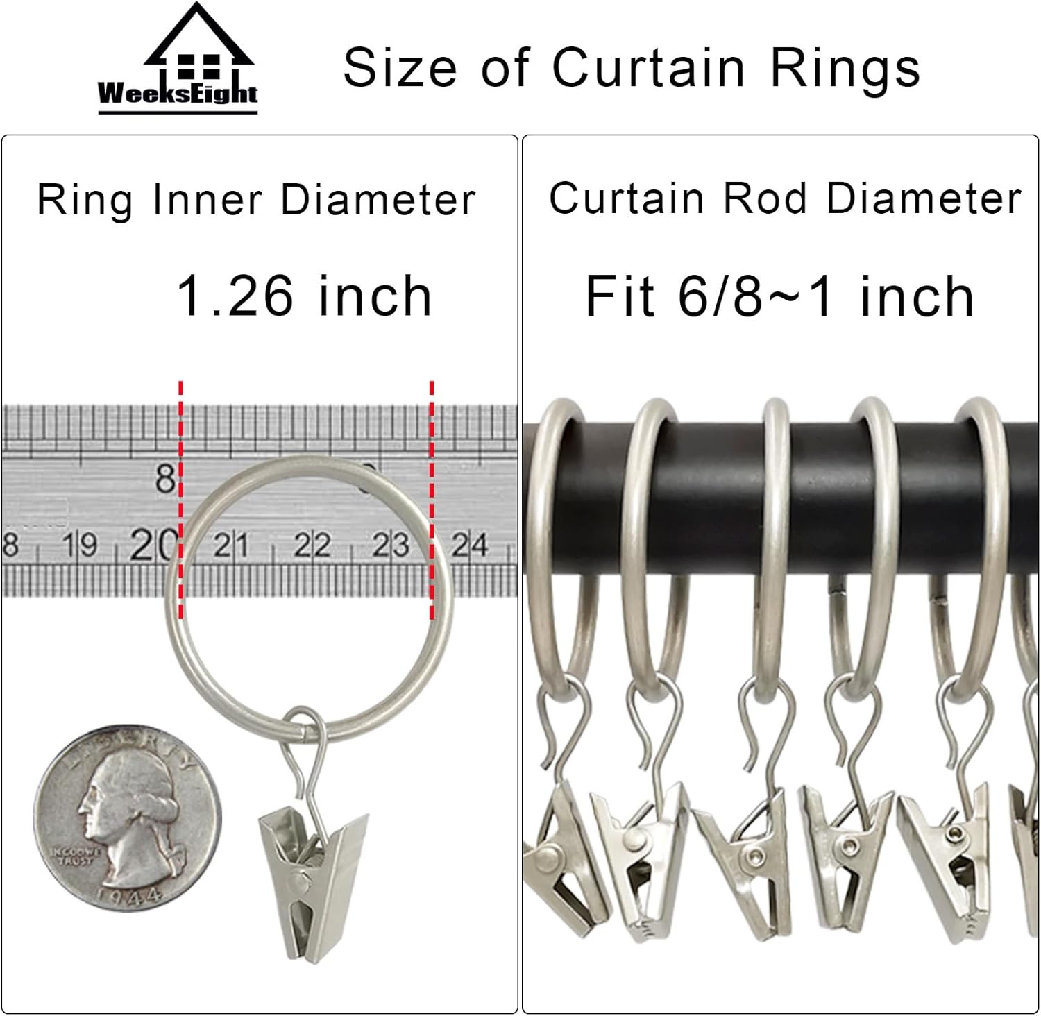 Weekseight 40 Pack Matte Silver Curtain Rings with Clips, Curtain Hooks Hangers