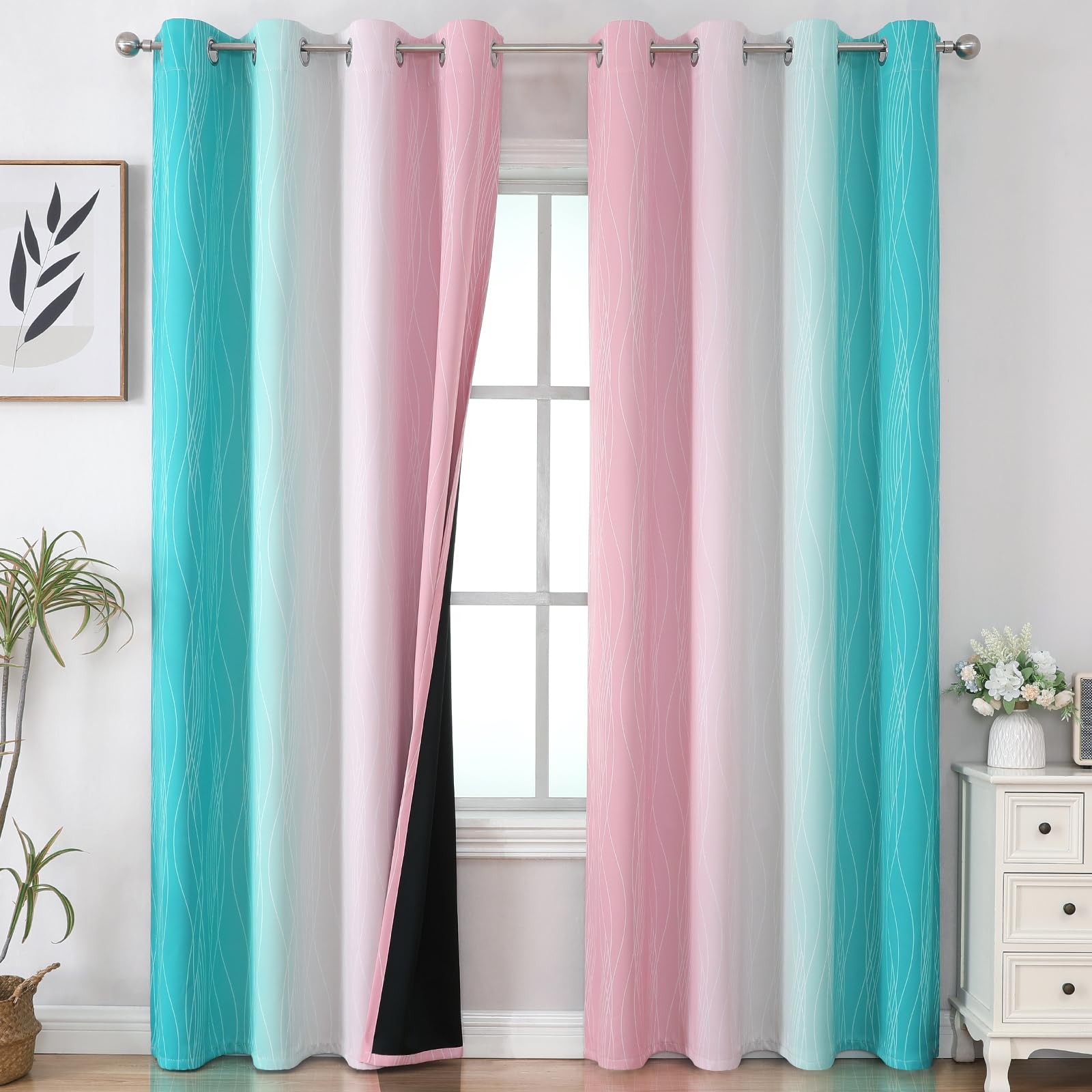 Pink and Teal Ombre Blackout Curtains 90 Inches Long 2 Panels Set, Thermal In…