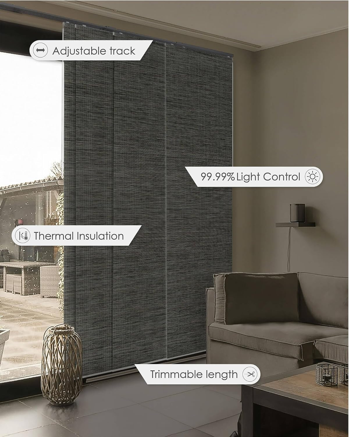 99.99% Blackout Adjustable Vertical Blinds for Sliding Glass Doors, 45.8″-86″W