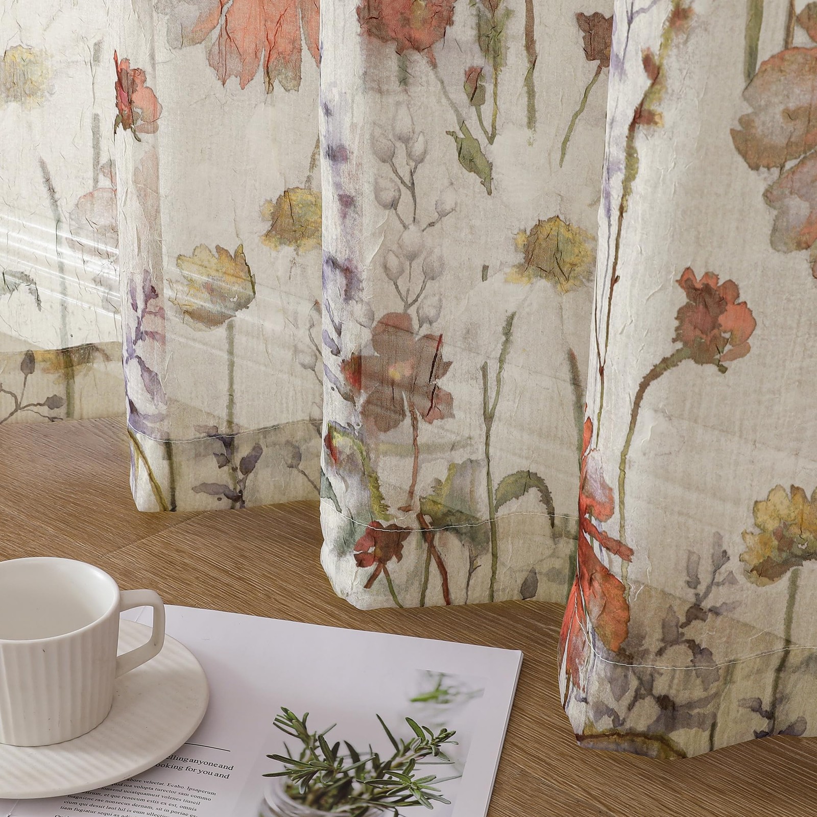 Crushed Sheer Kitchen Cafe Curtains Tiers 24 Inch Length 2 Panels, Printed De…