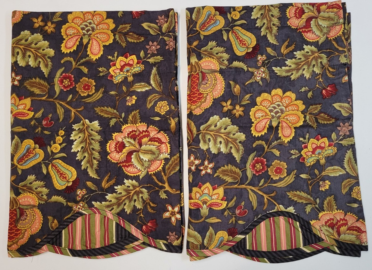 2 Waverly Imperial Jacobean Floral Scallop Cottage Stripe Black Valances 51×19