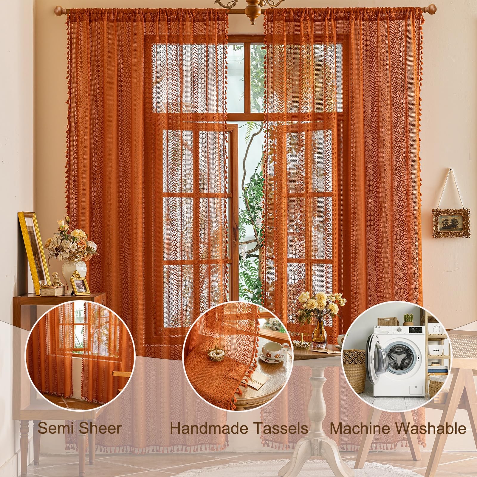 Terracotta Boho Lace Curtains 2 Panels 84 Inches Long for Living Room&Bedroom…