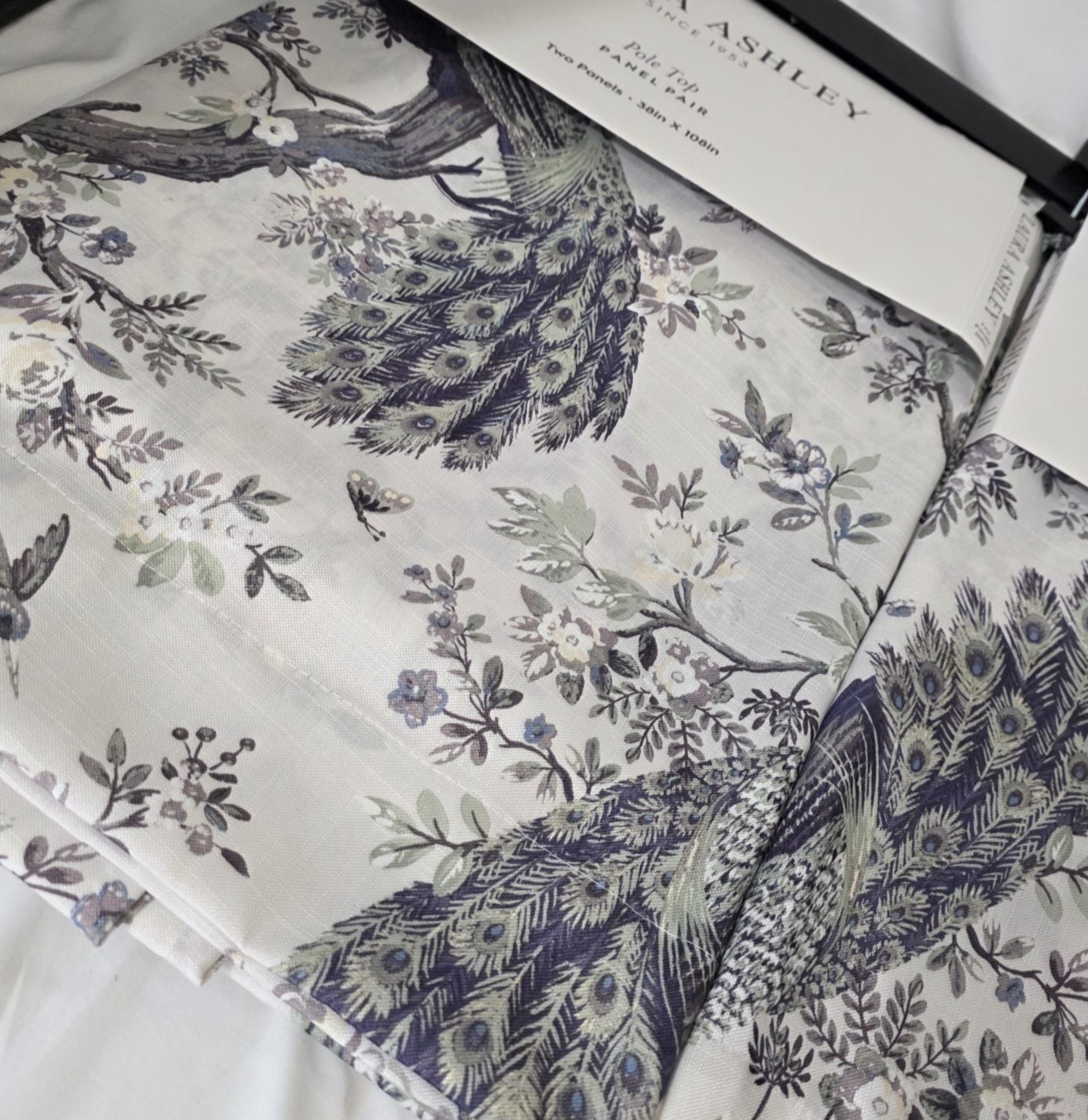 Laura Ashley Set 4 Blue Peacock Toile Curtains 38×108 Floral Drapes Panels