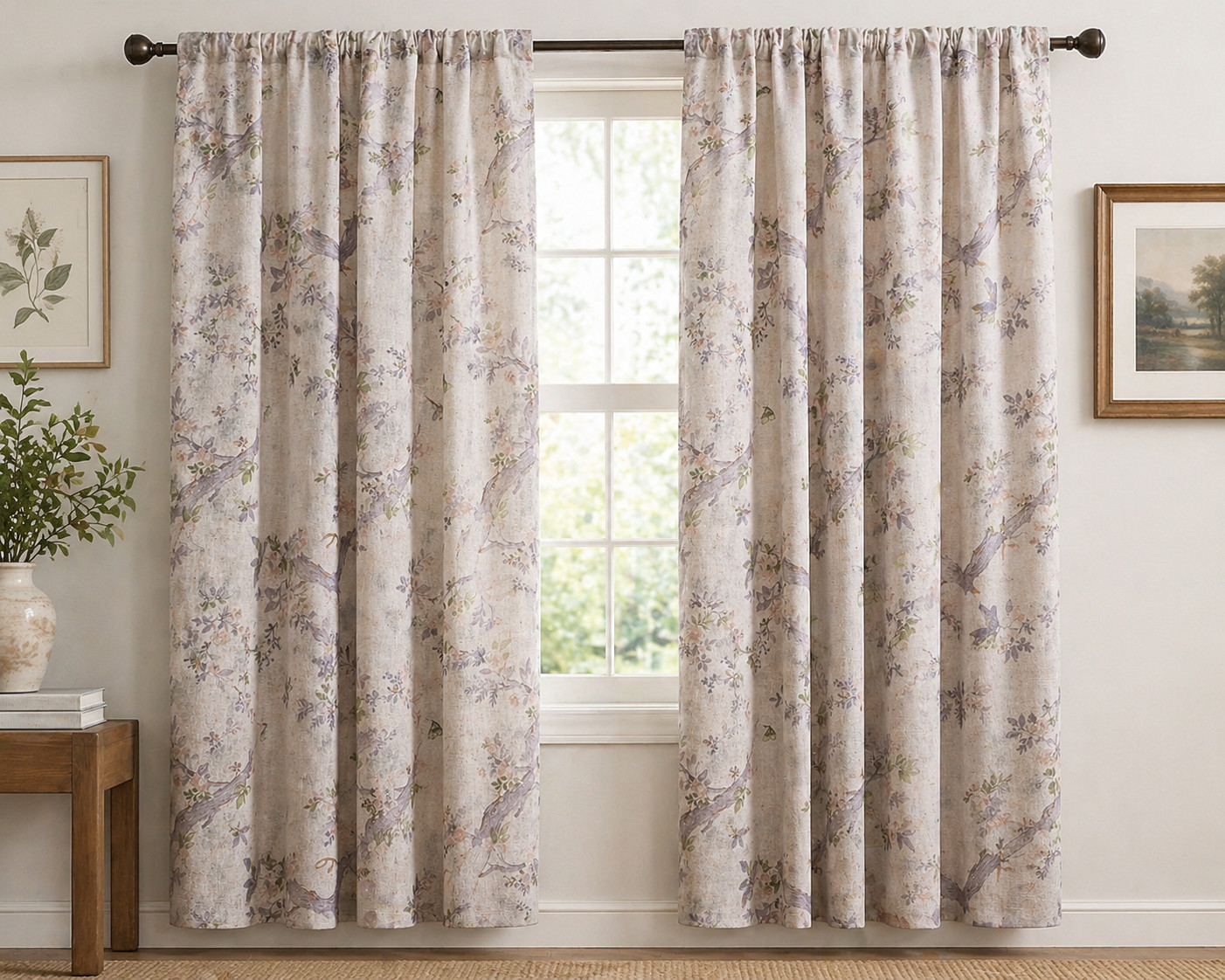 Laura Ashley Set of 4 Bird Floral Curtains 38″x96″ Linen Blend New Natural