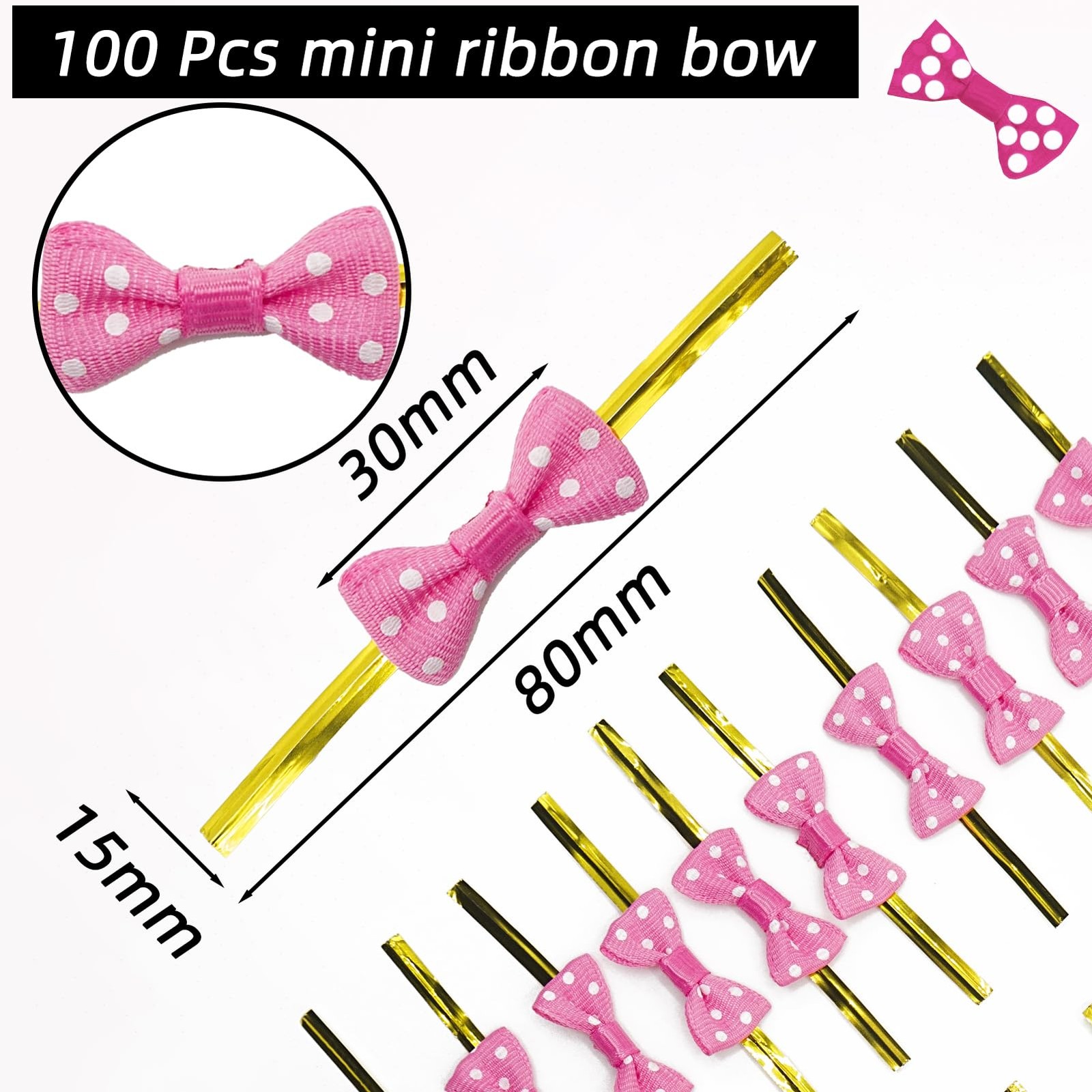 100Pcs Pink Mini Ribbon Bow Twist Ties, Treat Bag, Metallic, DIY Crafts, Food