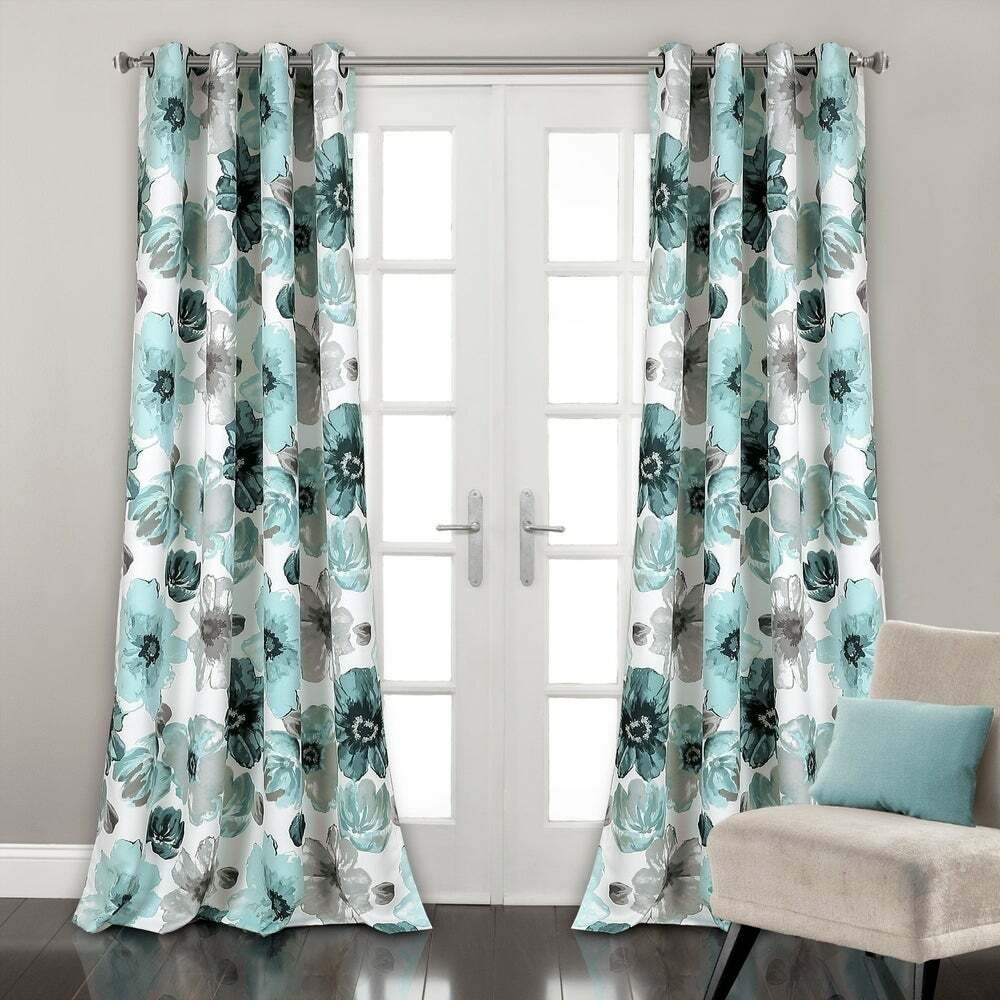 Set 2 Blue Gray White Floral Curtains Panels Drapes 63 84 95 108 in Darkening