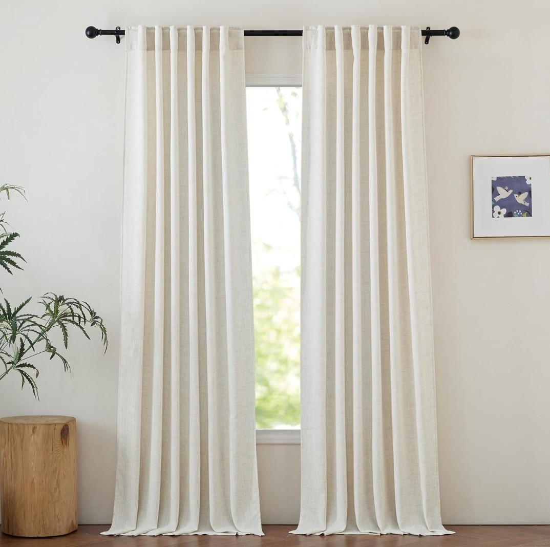 Linen Cream Curtains for Living Room 96 inches Long, Rod Pocket & Back Tab