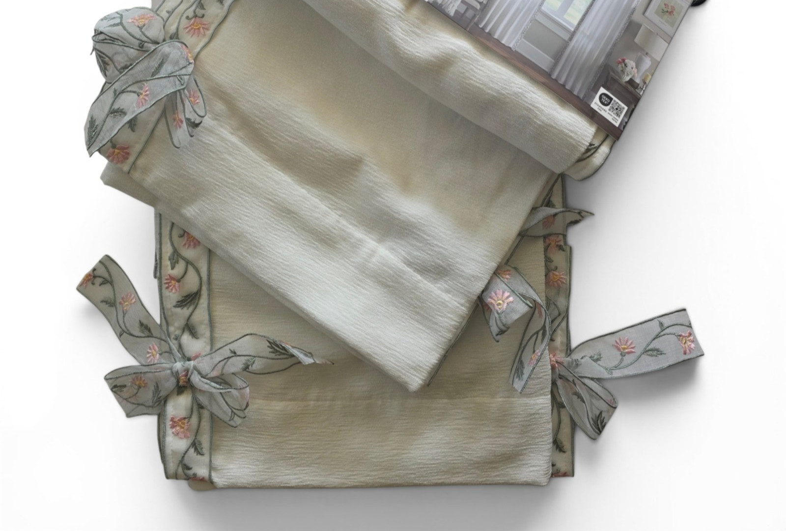 NEW Rachel Ashwell Farmhouse Bow Embroidered Curtains Set of 4 Ivory 37×84