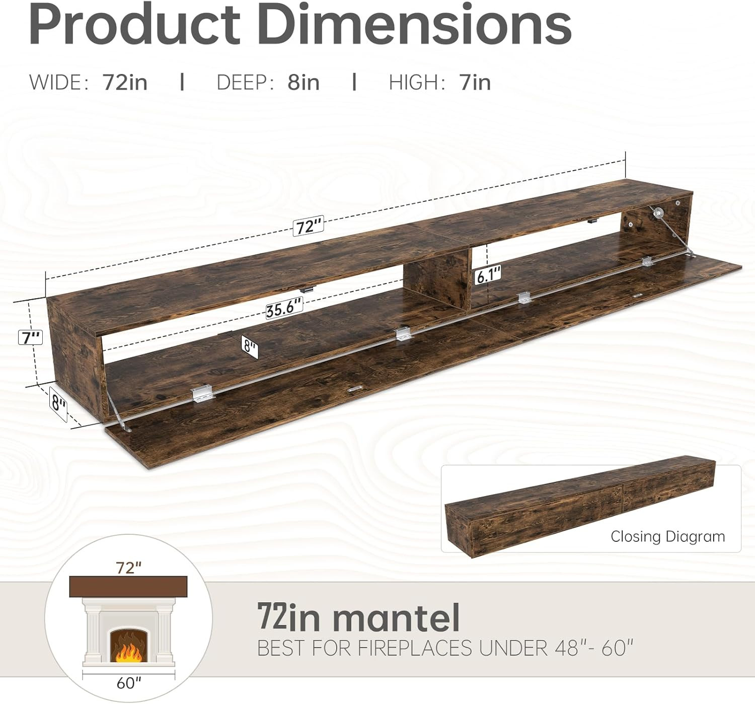 72″ Rustic Floating Mantel Shelf with Hidden Storage – Brown MDF