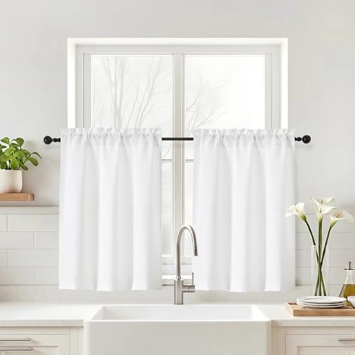 Kitchen Curtains 30 Inch Length – Semi Sheer 30″W x 30″L (Pack of 2) White