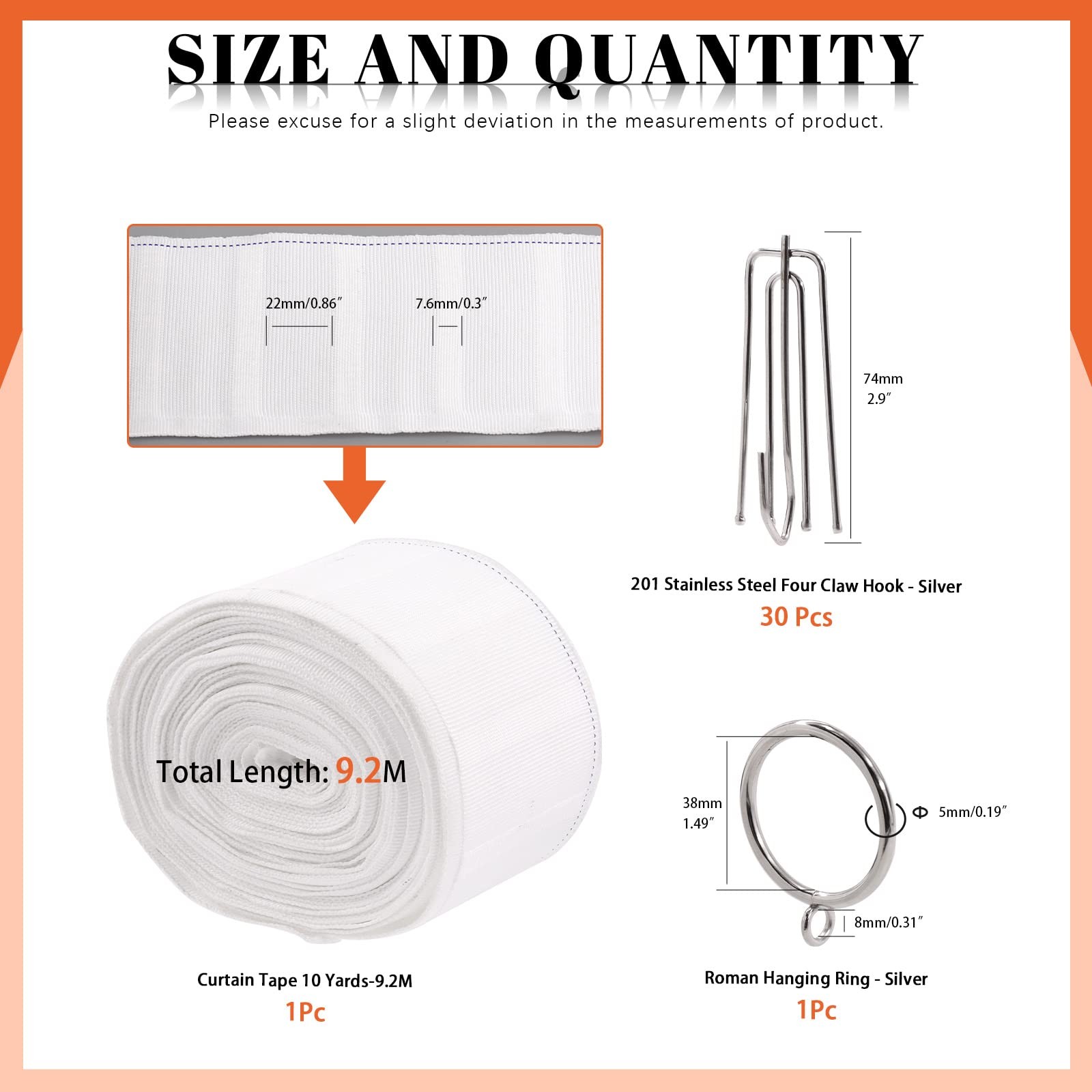 Curtain Pleat Tape White 10 Yard 9.2M 30 Hooks 30 Rings Hardware Set 61 PCS