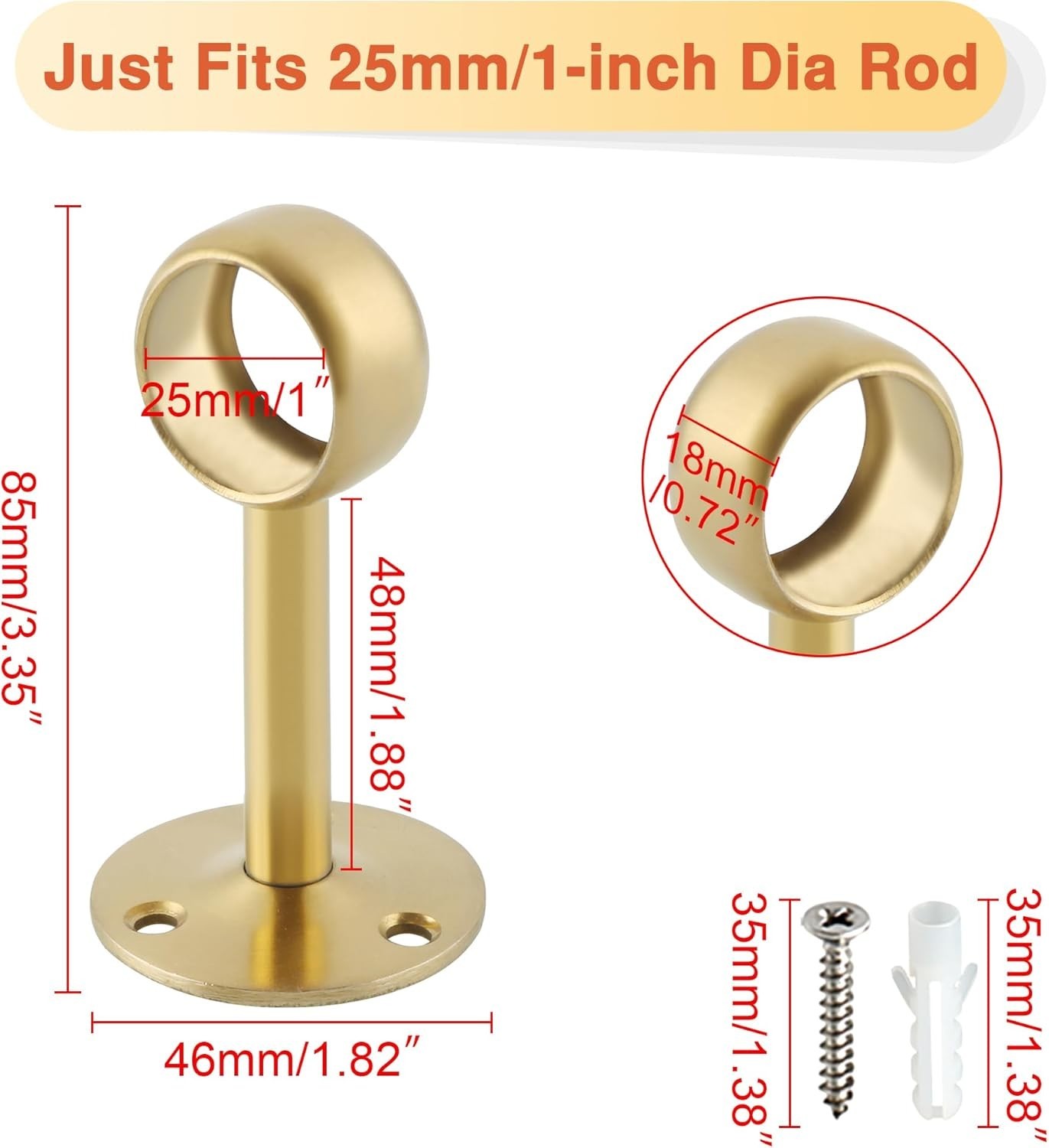 Stainless Steel Curtain Rod Holders with 3.35in Height and Gold Finish