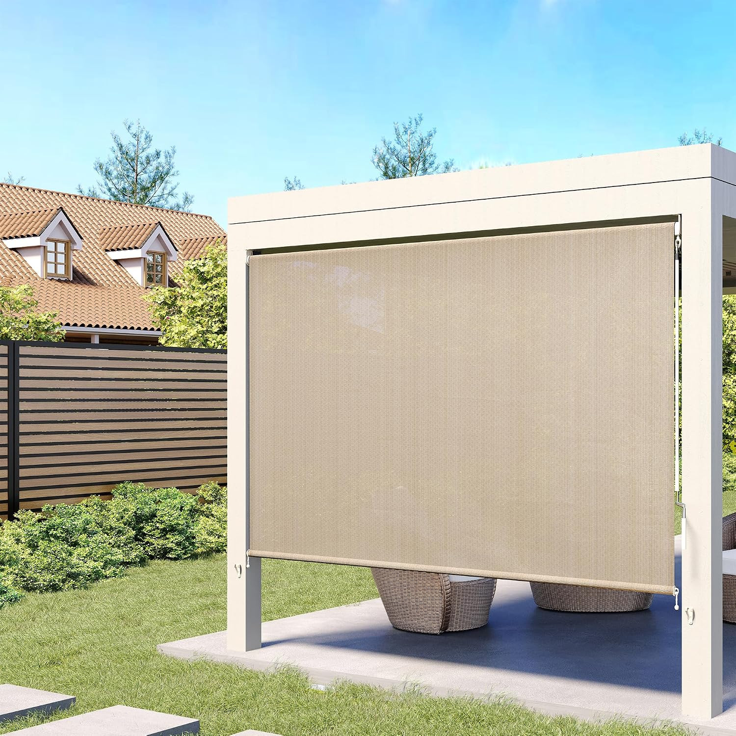 DIFY Outdoor Roller Shade 10′ W X 8′ H, Exterior Cordless Patio Shades Roll up B