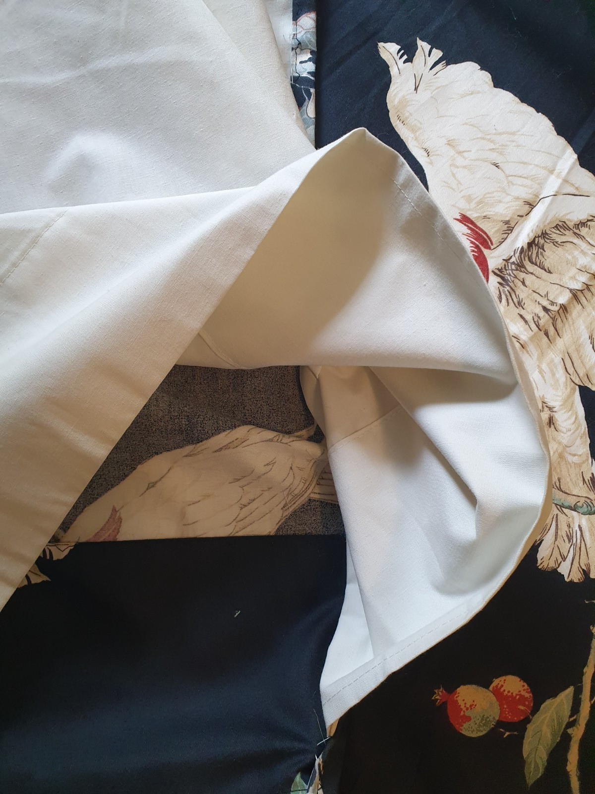 Custom Drapery Panels 2 Lined Unused Black Sateen Birds Leaves 78″x94 Each Panel
