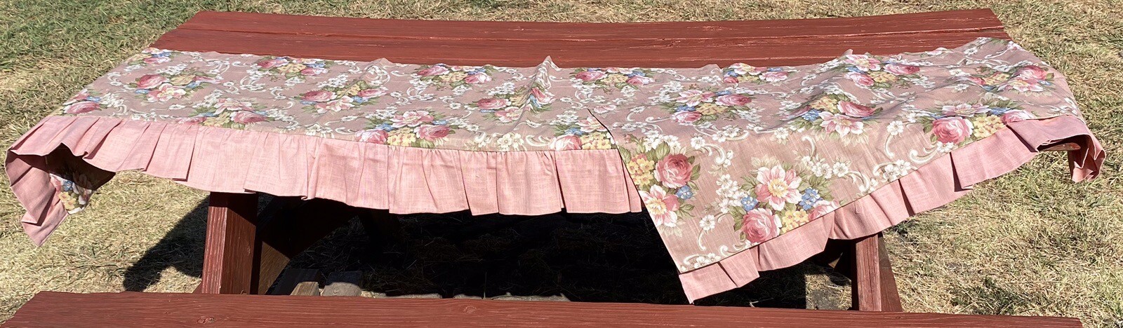 Roses Valance Ruffled Poly/Cotton Floral Shabby Chic Layers Linen Look 120” VGC