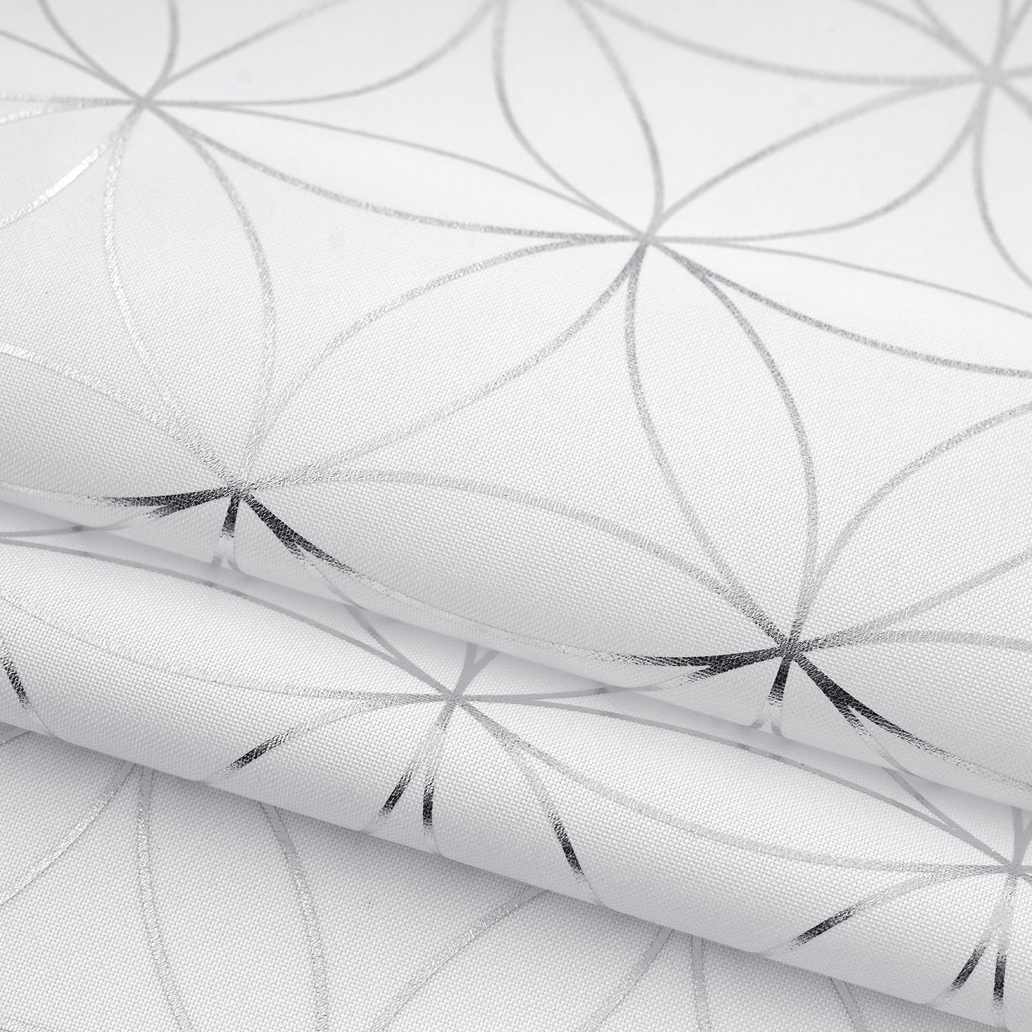 Exclusive Silver Linen Grommet Curtains, Unique Metallic Moroccan Tile Foil Prin