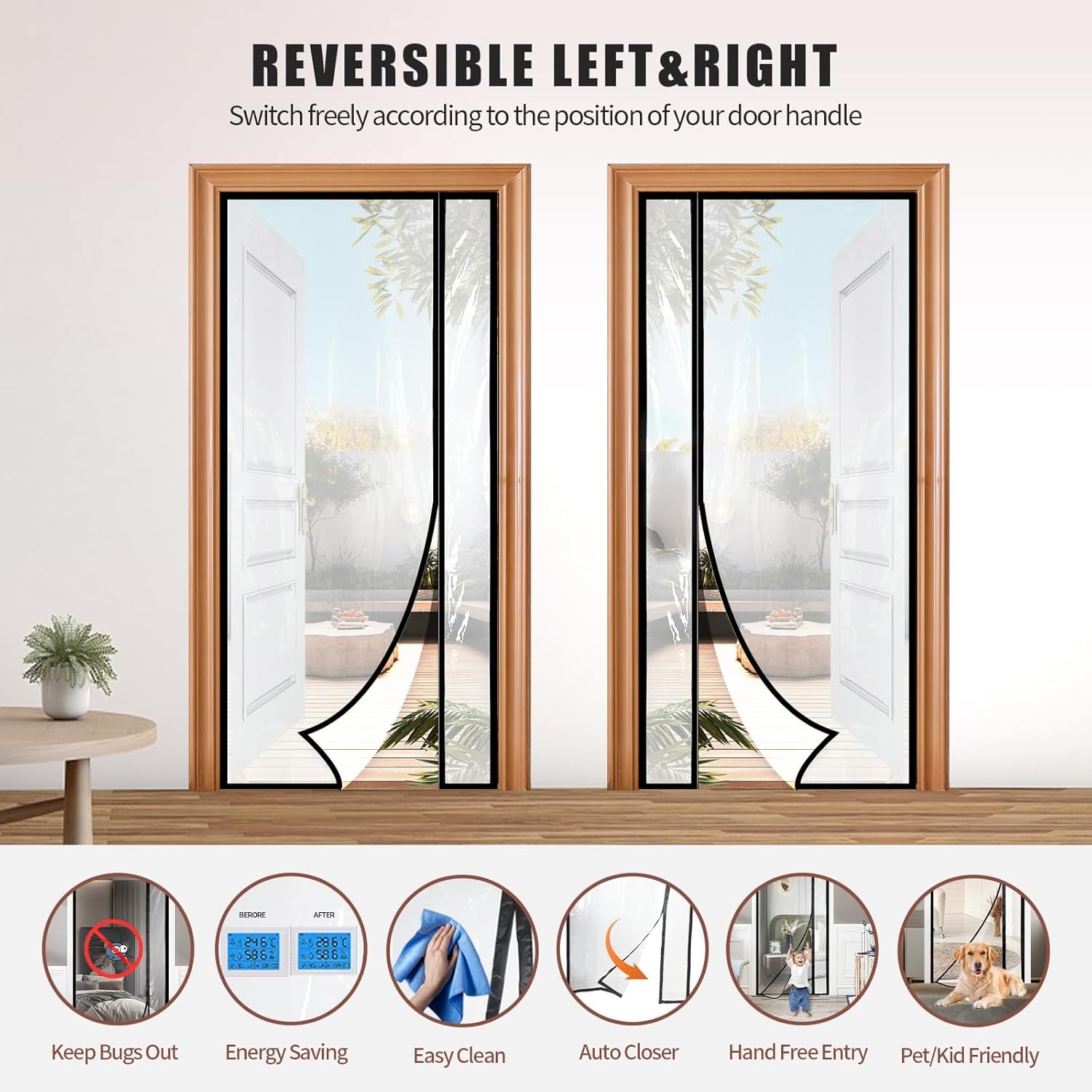 Transparent Reversible Left or Right Side Opening Insulated Door Curtain, Fits