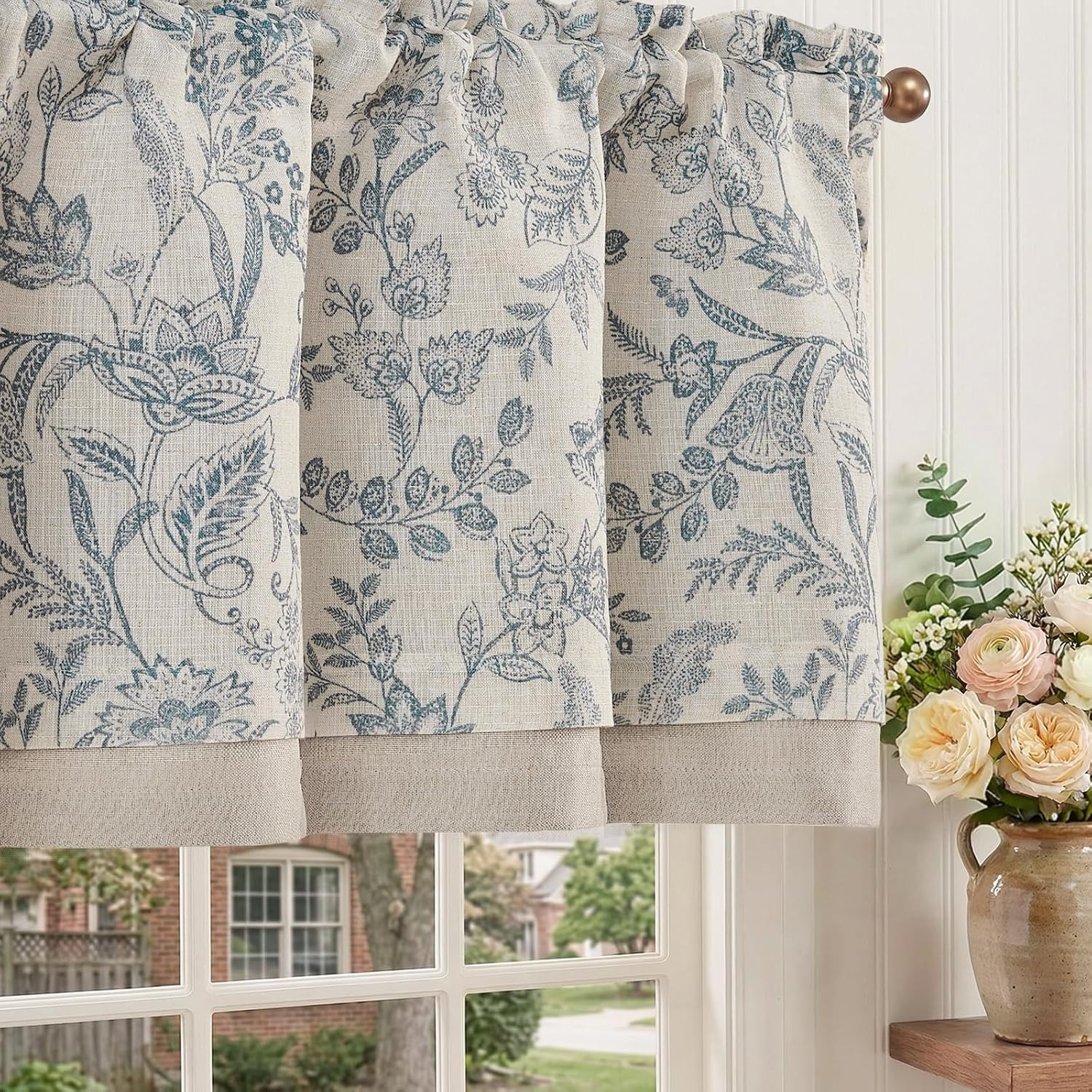 Linen Valance Curtain Farmhouse 16 Inch 1 Panel Blue on Beige | Double Layer Des