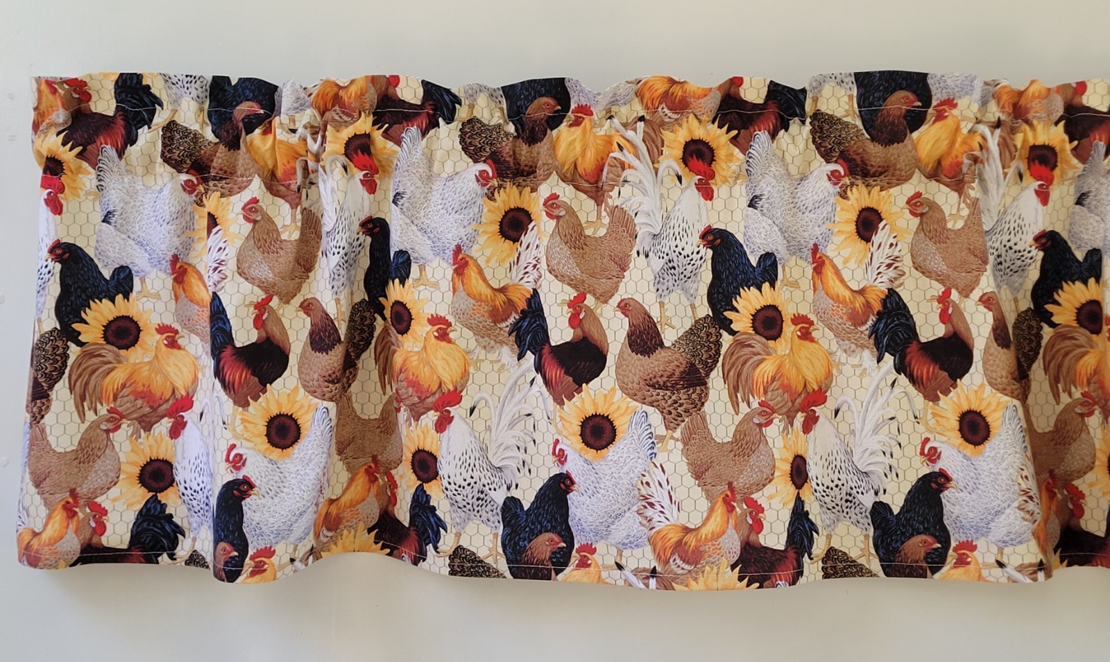 Farmhouse Chicken Valance, Rooster Sunflower Kitchen Curtain