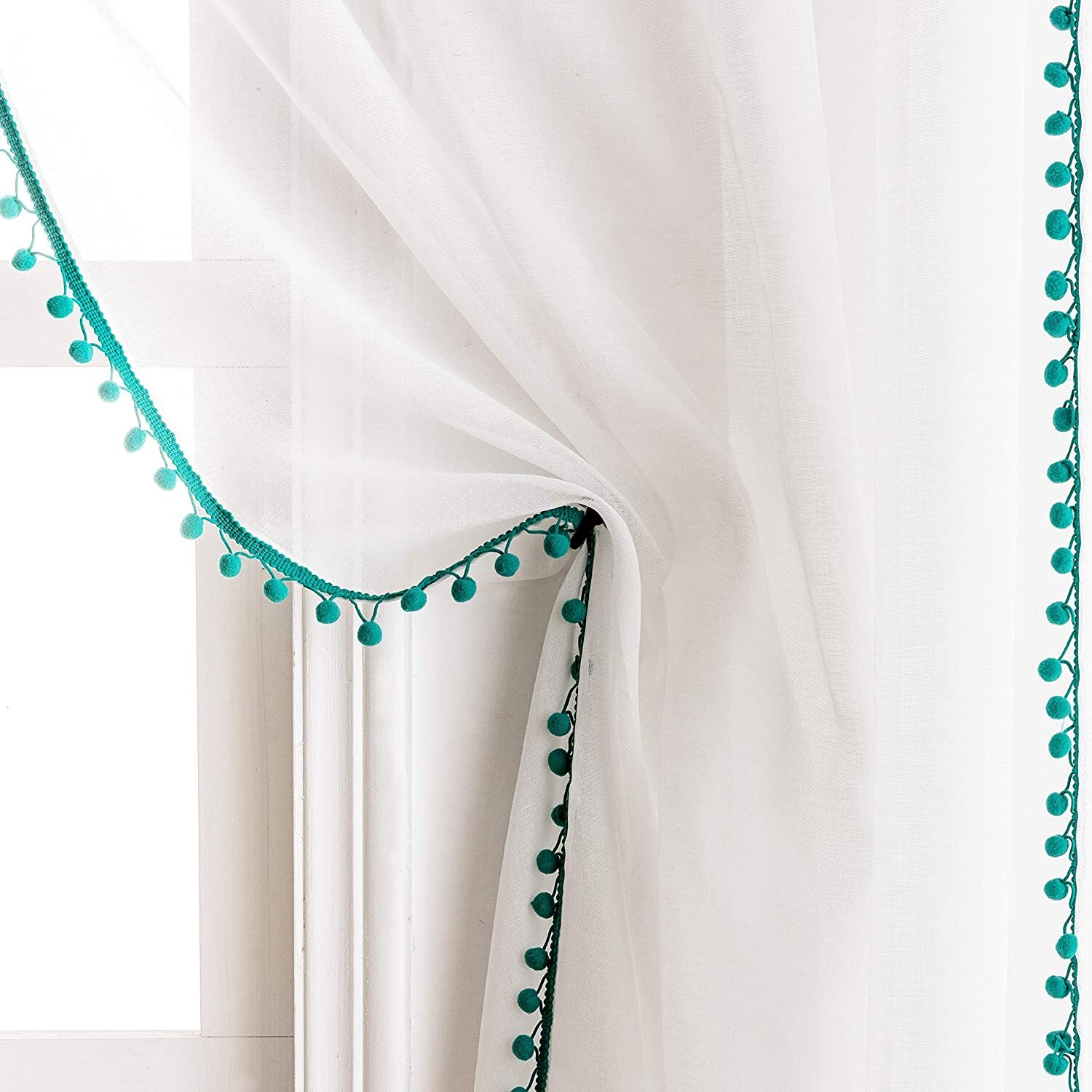 Set 2 Sheer White Teal Pom Pom Trim Curtains Panels Drapes 63 72 84 95 108 in L