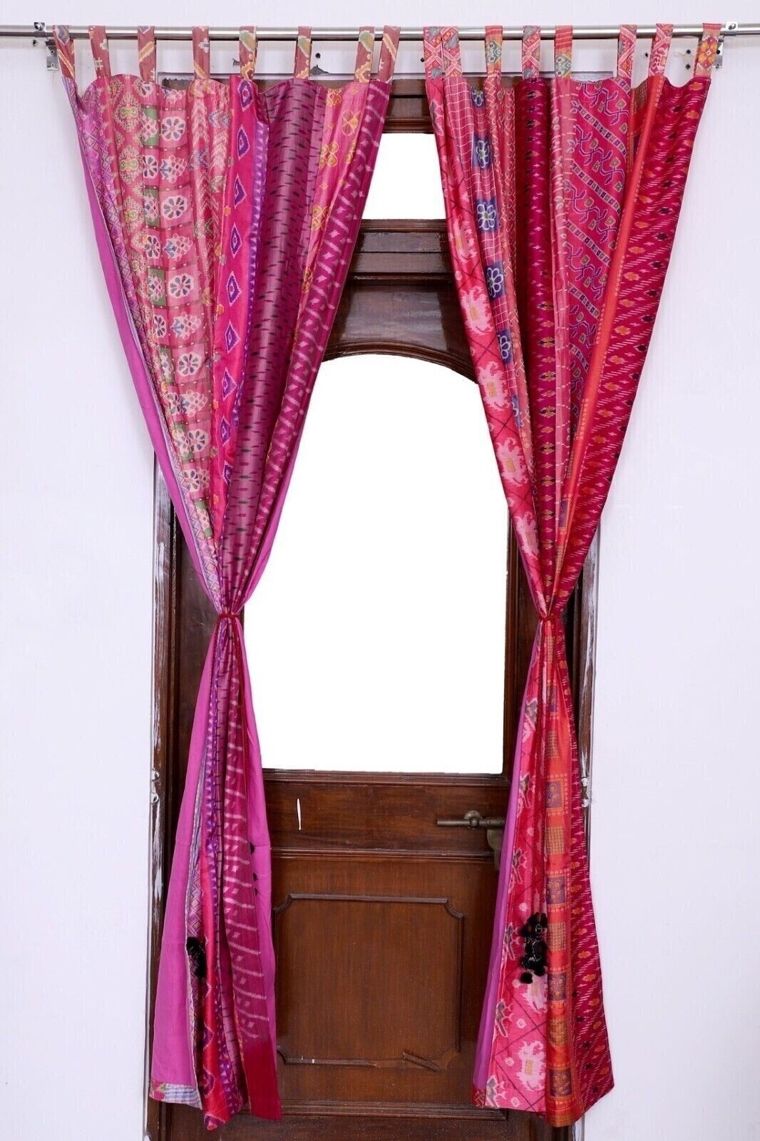 2 Pc Indian Old Recycle Silk Saree Boho Pink Curtain Door Drape Decor Curtain