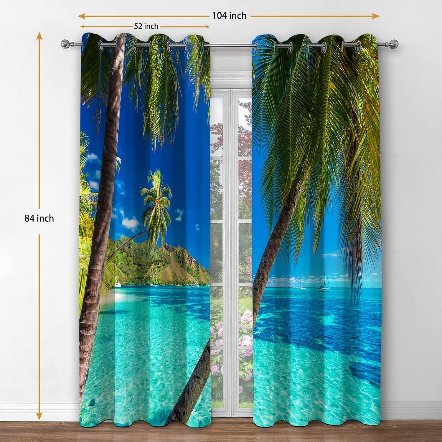 Ocean Palm Tree Blackout Curtains 84 Inch Tropical Beach Window Drapes Set