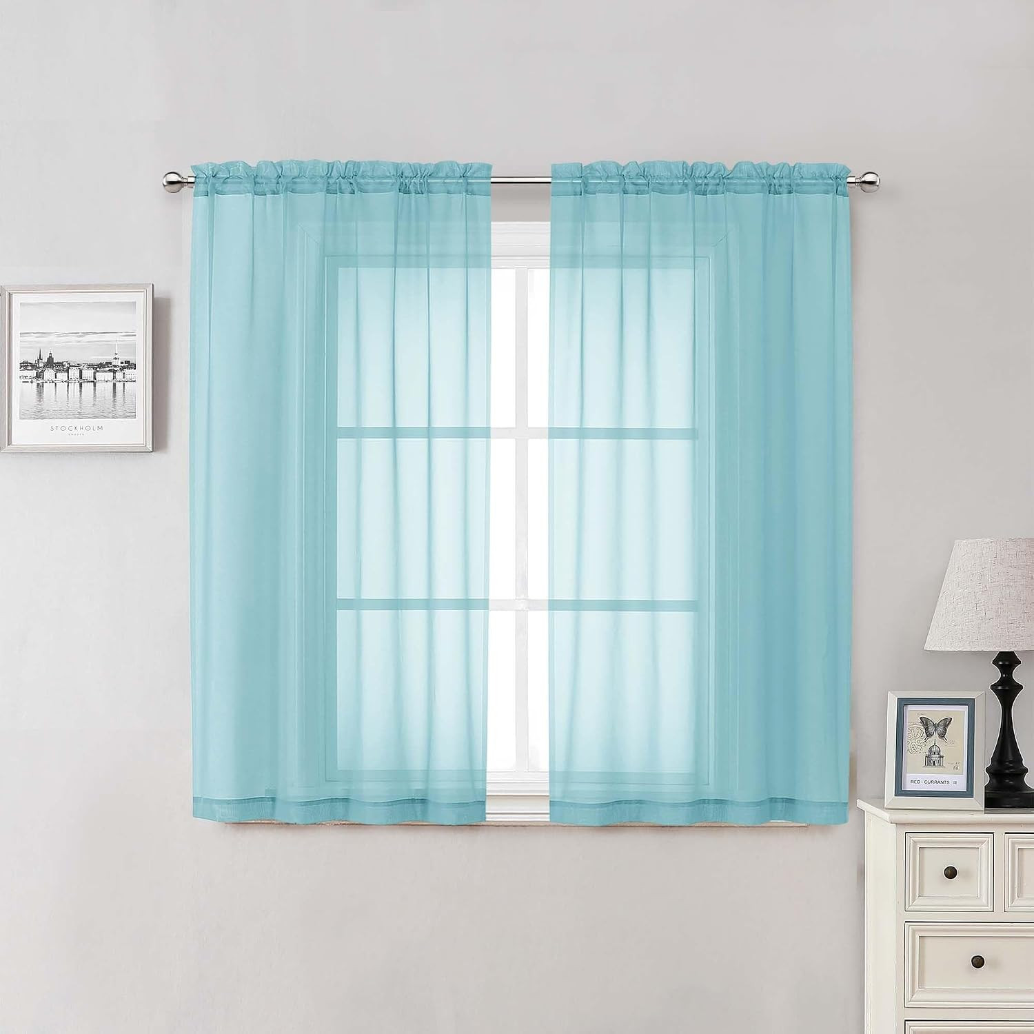 Aqua Sheer Curtains for Bedroom 54 Inch Length 2 Pcs, Rod Pockets Solid Color Wi