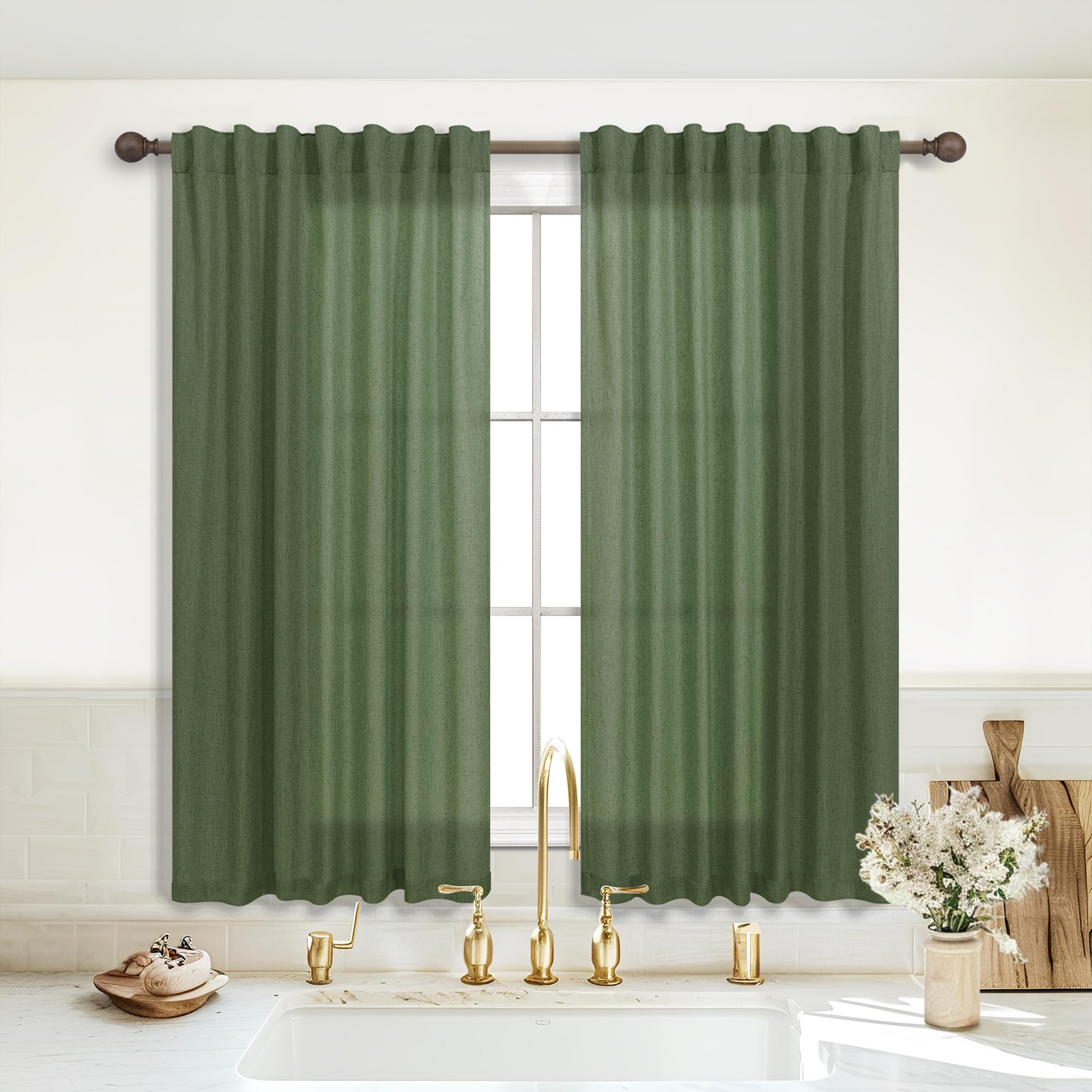 Olive Green 45Inch Short Curtains Back Tab Rod Pocket Kitchen Set, 2 Panels