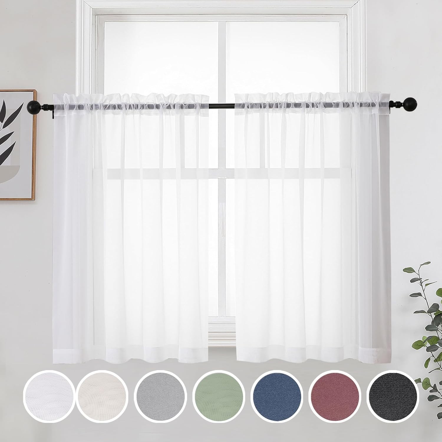 Casual White Sheer Curtains 2 Panels 42″W x 36″L Rod Pocket for Home Decor
