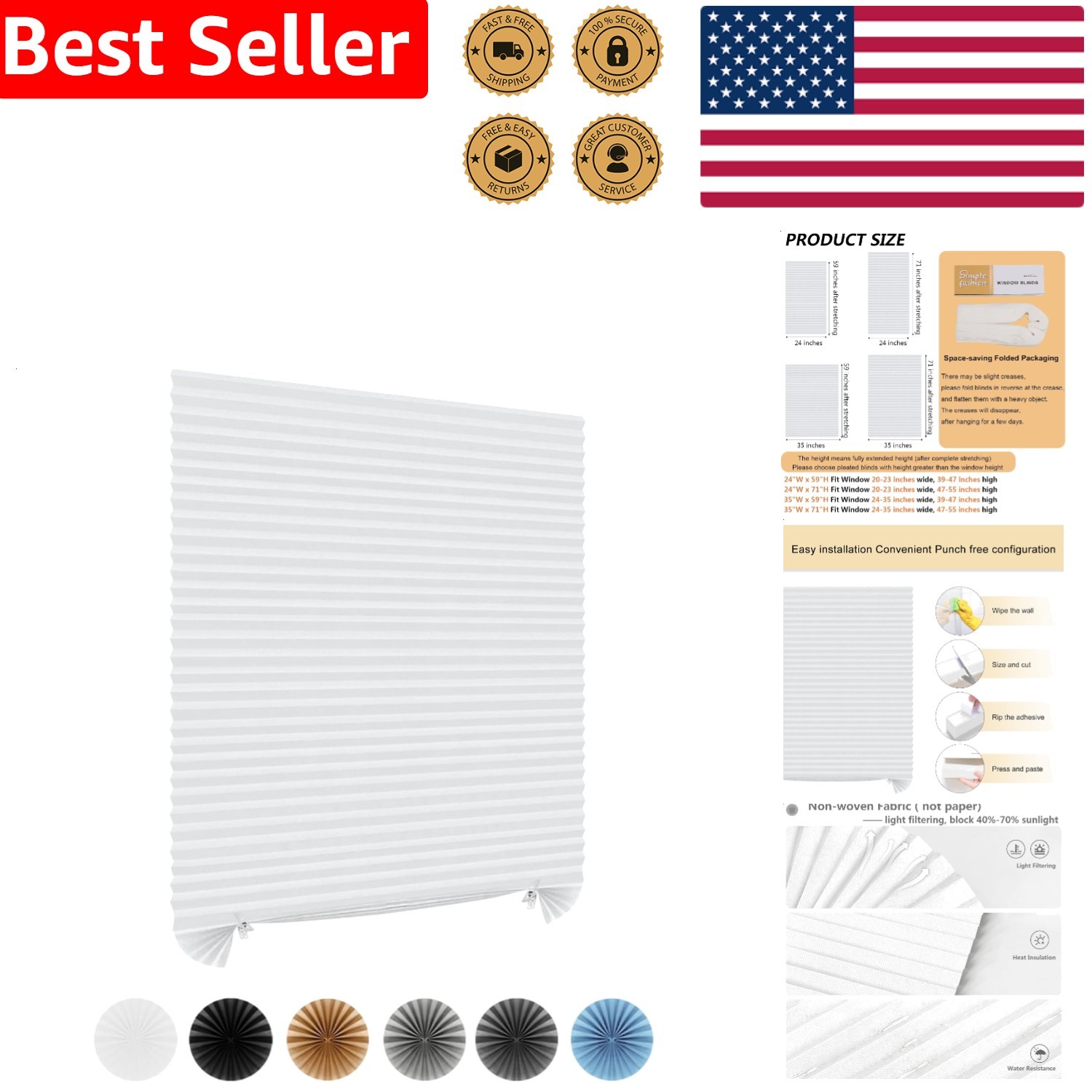Window Blinds Cordless No Drill Self Adhesive Temporary Pleated 35×59 White L…