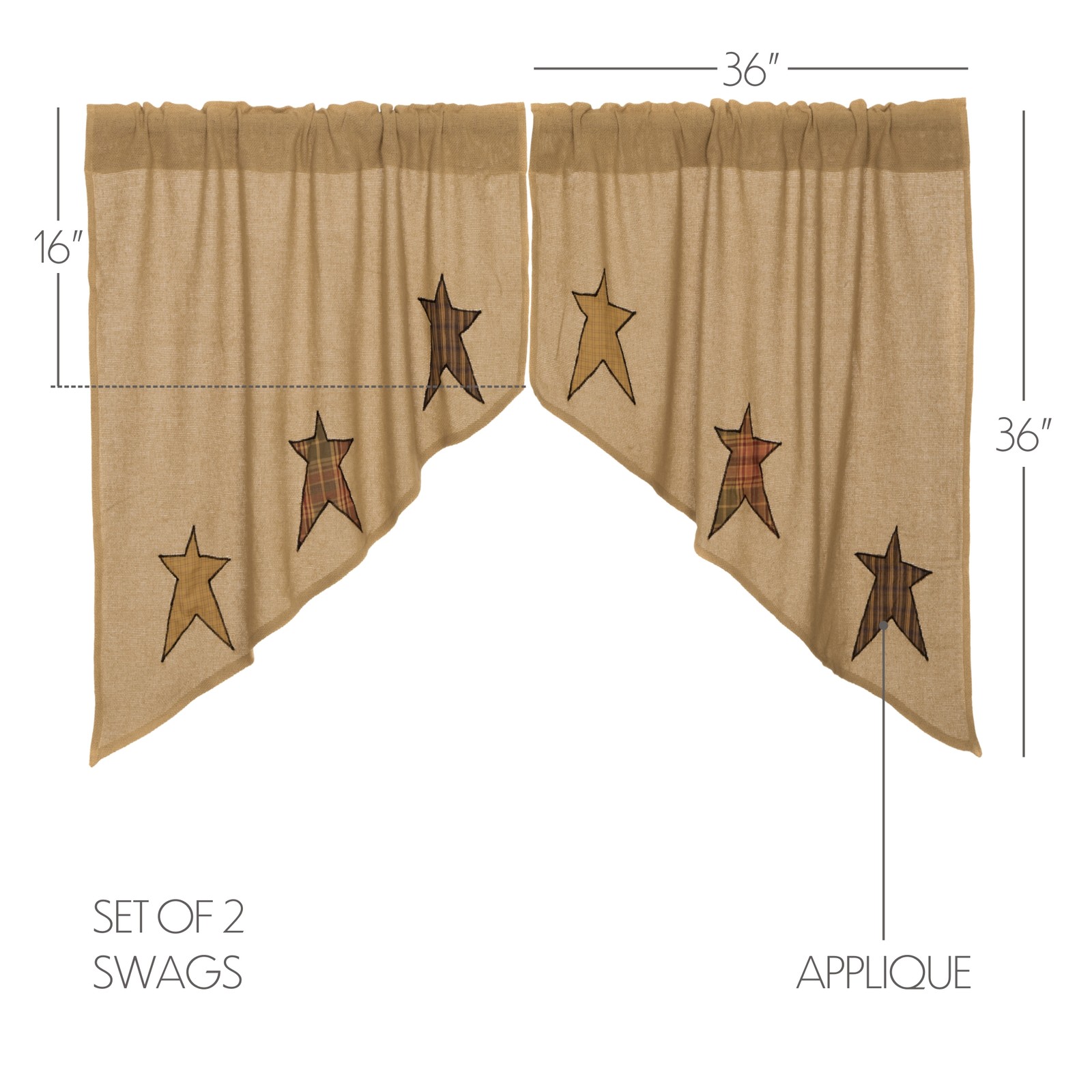 Primitive Swag Burlap Star Pair Tan Rod Kitchen Window Curtains VHC Brands