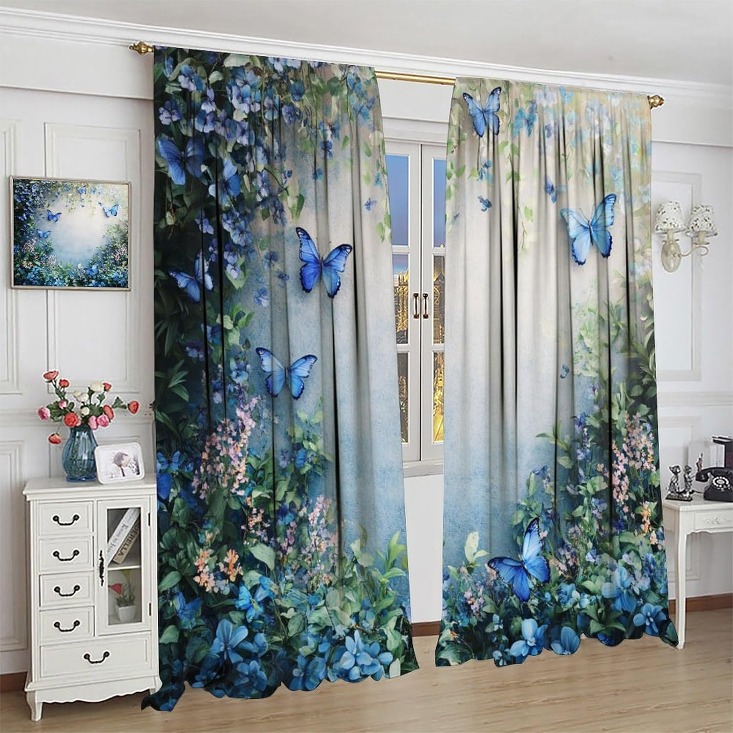 Blue Butterfly Flower Blackout Curtains for Bedroom/Living Room, Beautiful Vine