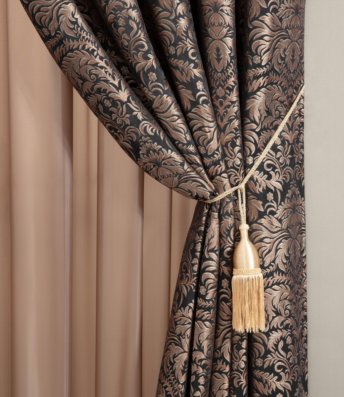 Chezmoi Collection Lisbon 4-piece Black/Gold Jacquard Floral Window Curtain Set