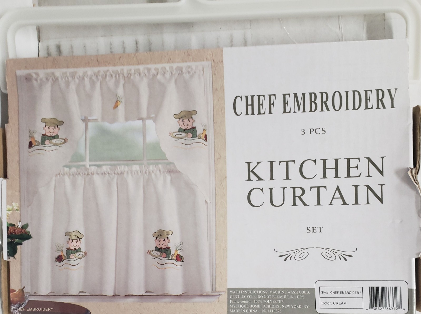 3 pc. Embroidery Curtains Set: 2 Tiers & Swag, FAT CHEF W/ SOUP PLATE, Mys