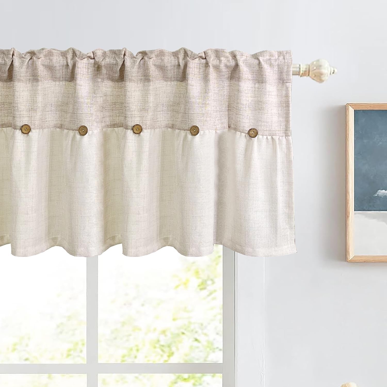 Farmhouse Boho Linen Button Valance for Kitchen Window Dining Room