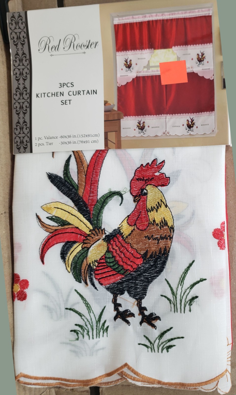 3pc. Embroidery Curtains Set: 2 Tiers & Swag, MULTICOLOR ROOSTER,RED ROOSTER,ACP