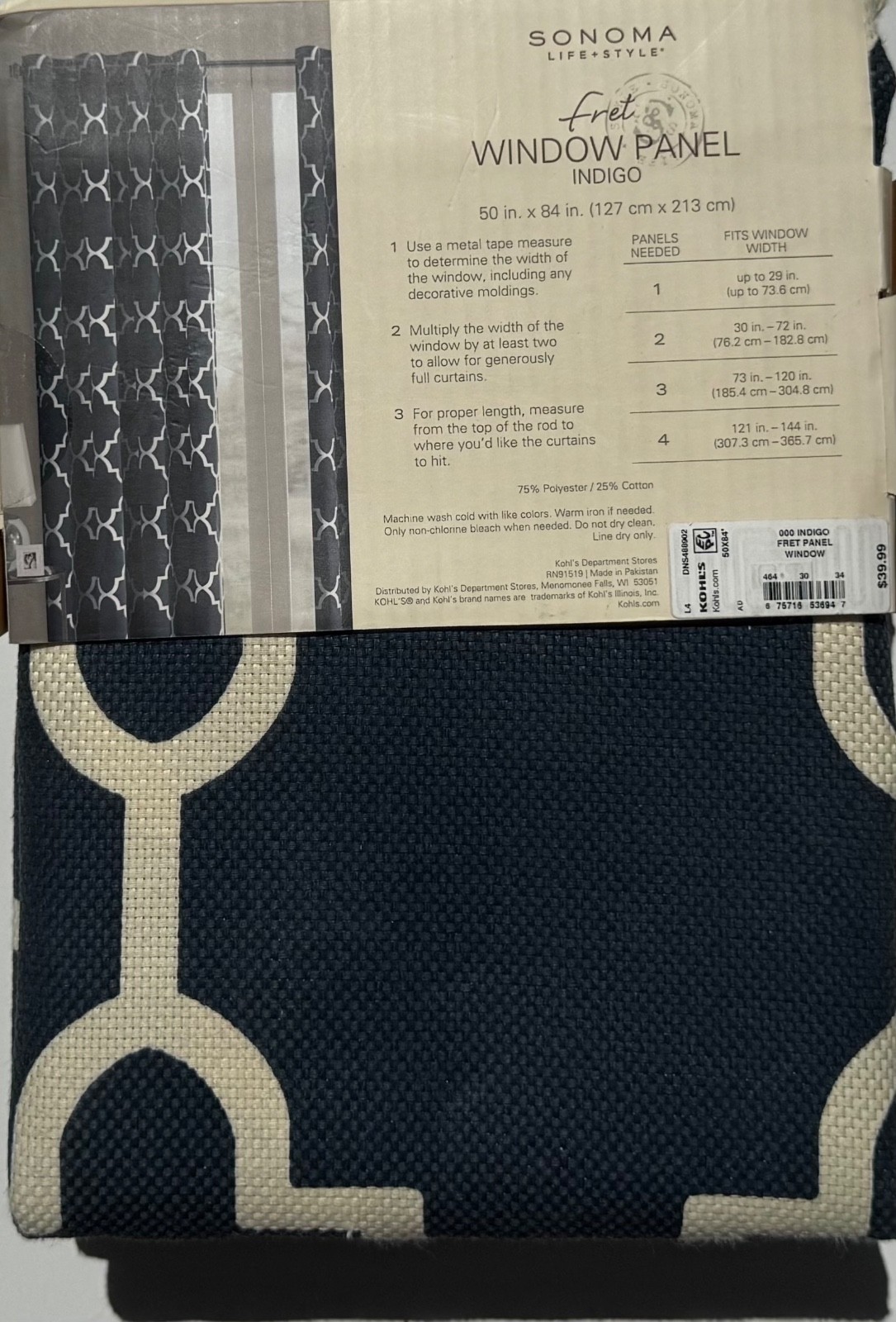 Sonoma Fret 84-in. Indigo Blue Woven Geometric Grommet Top Window Curtain Panel