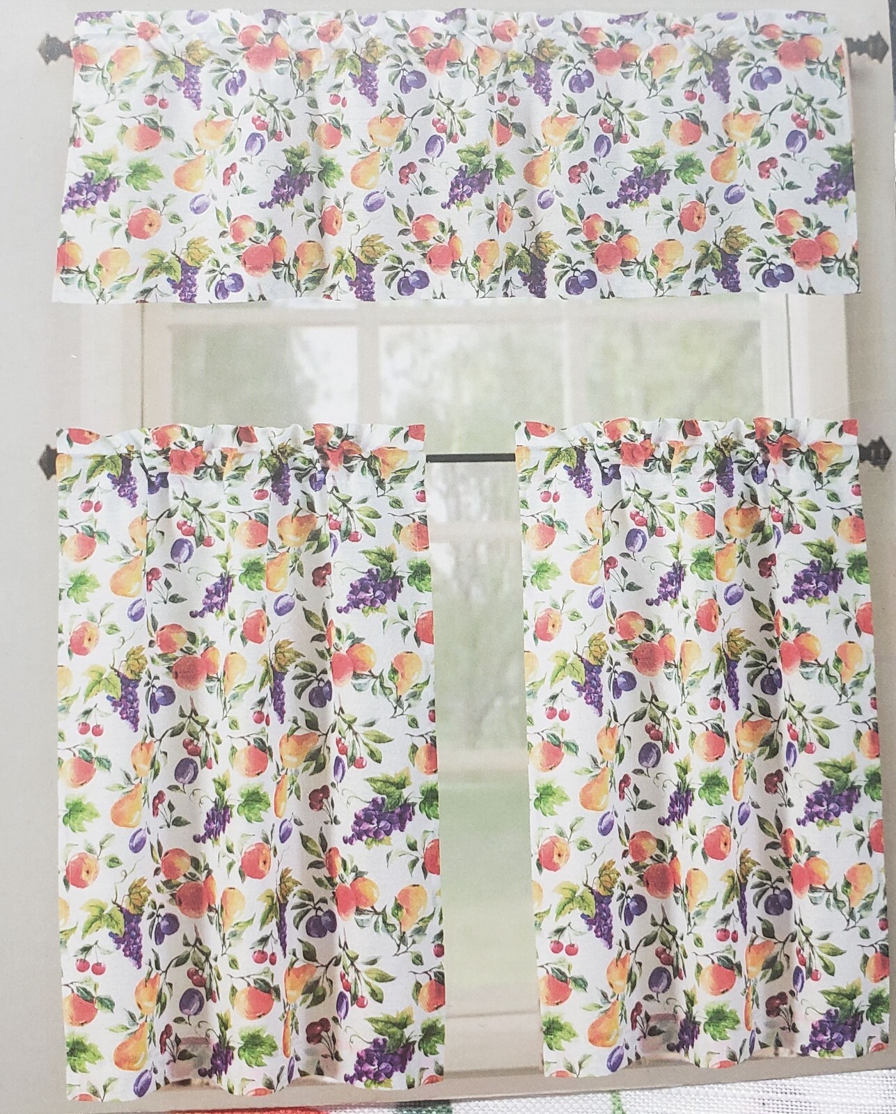 3pc Printed Kitchen Curtains Set:2 Tiers(26″x36″)&Valance(52″x18″)FRUITS,Tribeca