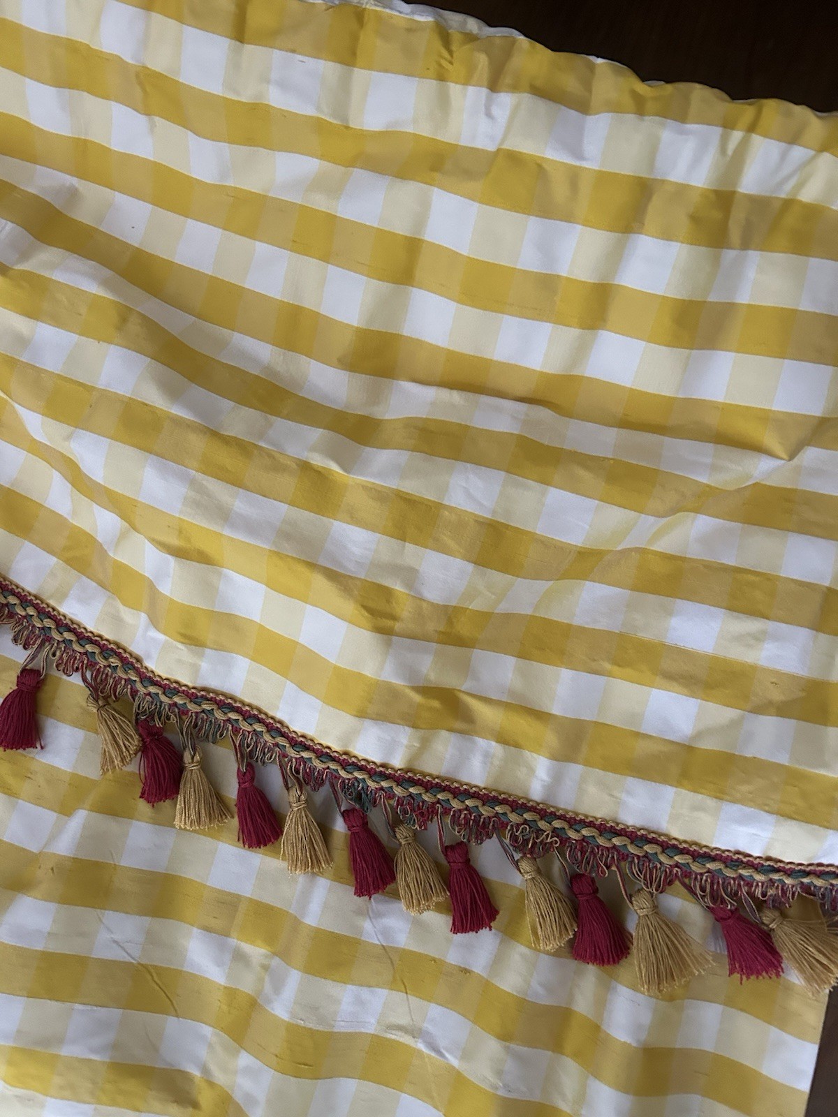Pair Decorator Custom Made Striped Check Silk Taffeta Tassel Trim Lined