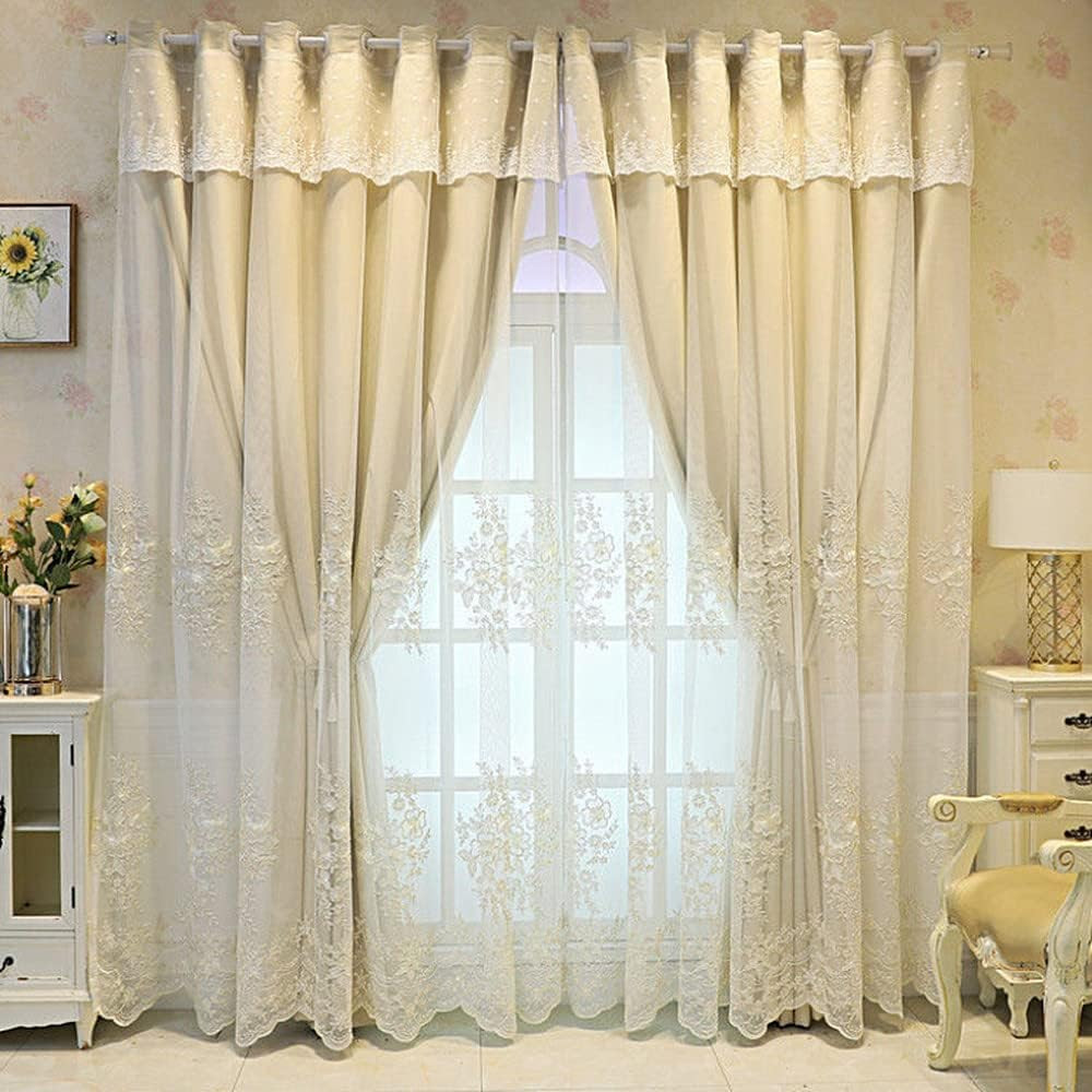 1 Pair European Double Layer Curtains Luxury Flower Embroidered Curtains for Liv