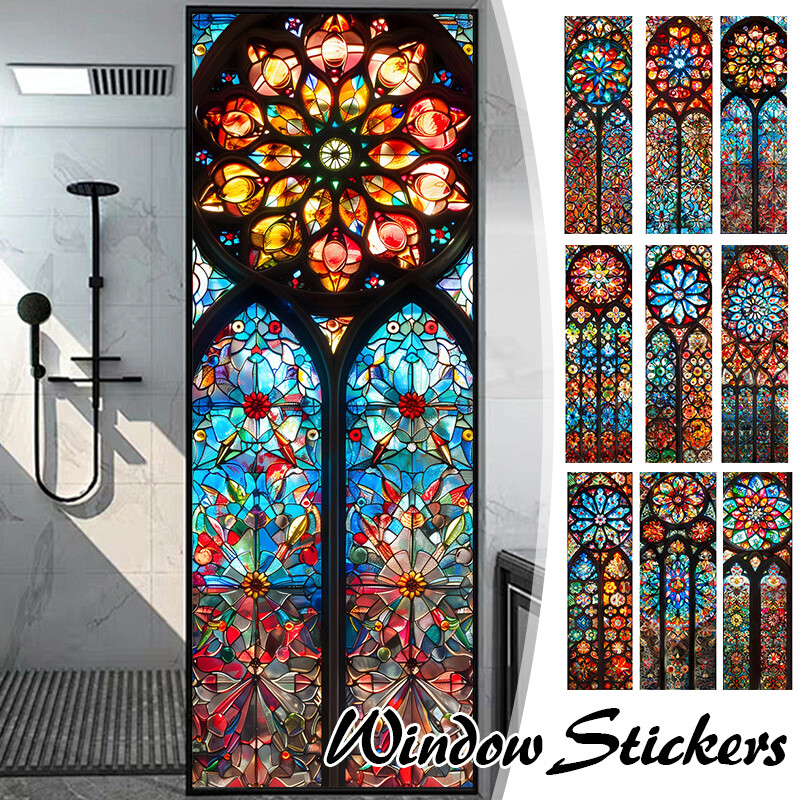 1PC New Vintage Church Printed Stained Glass Window Film Self Adhesive Stickers