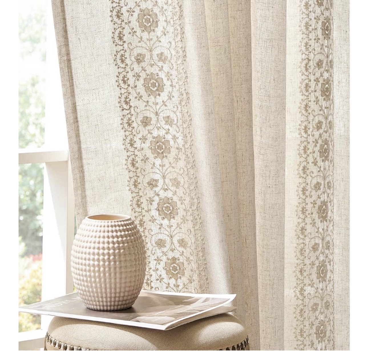 Jinchan Ivory Over Beige Bohemian embroidered linen blend 2 Panel 50×84”L Floral