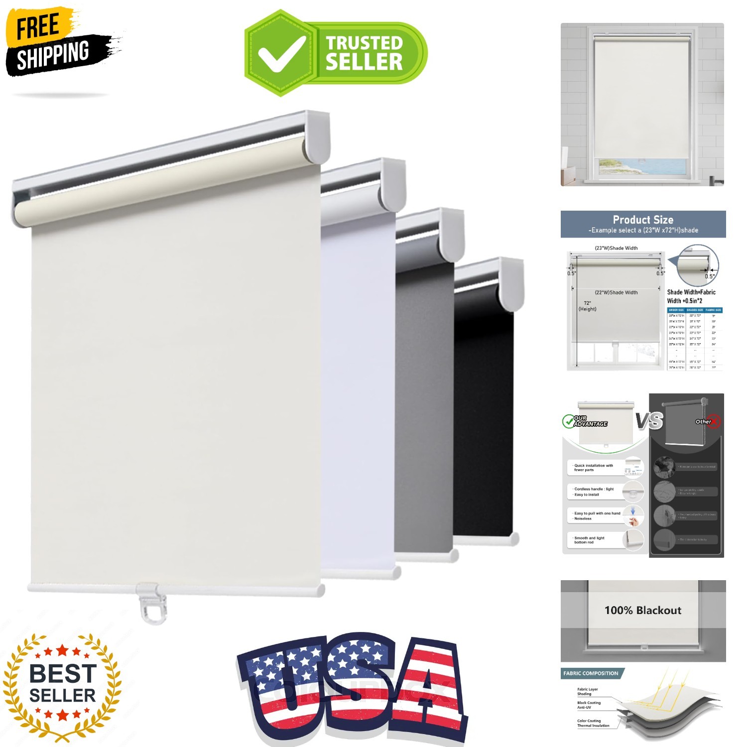 Cordless Roller Shades Blackout Blinds for Windows Room Darkening Rolled Up S…