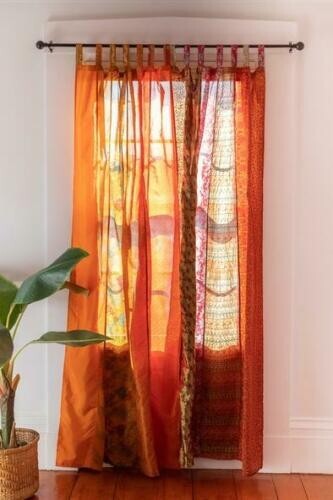1Pc Indian Sari Patchwork Curtain Drape Window Decor Orange Silk Sari Curtain