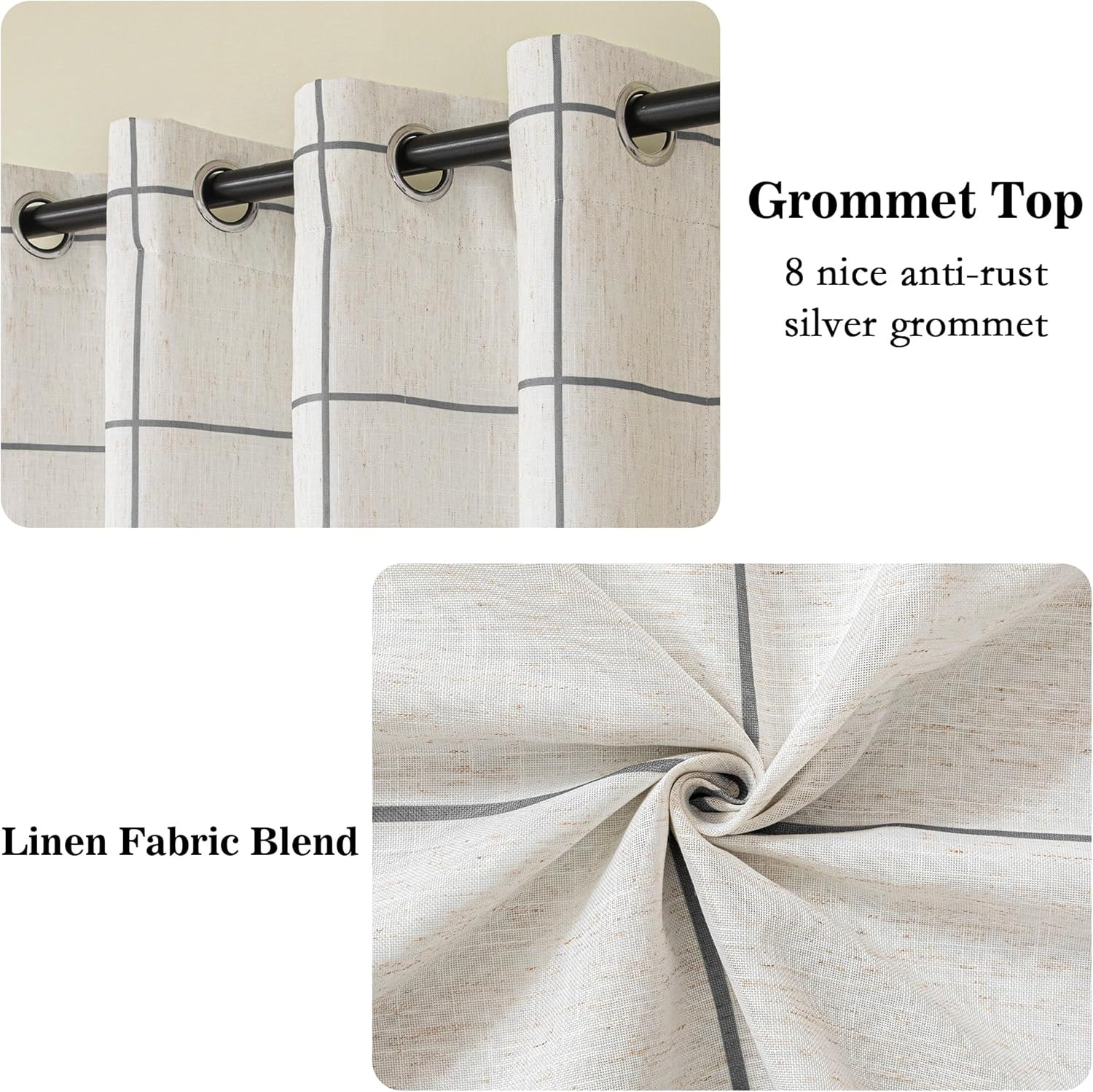 Blackout Plaid Linen Curtains 84″ Long – 2 Panel Set, Deep Grey